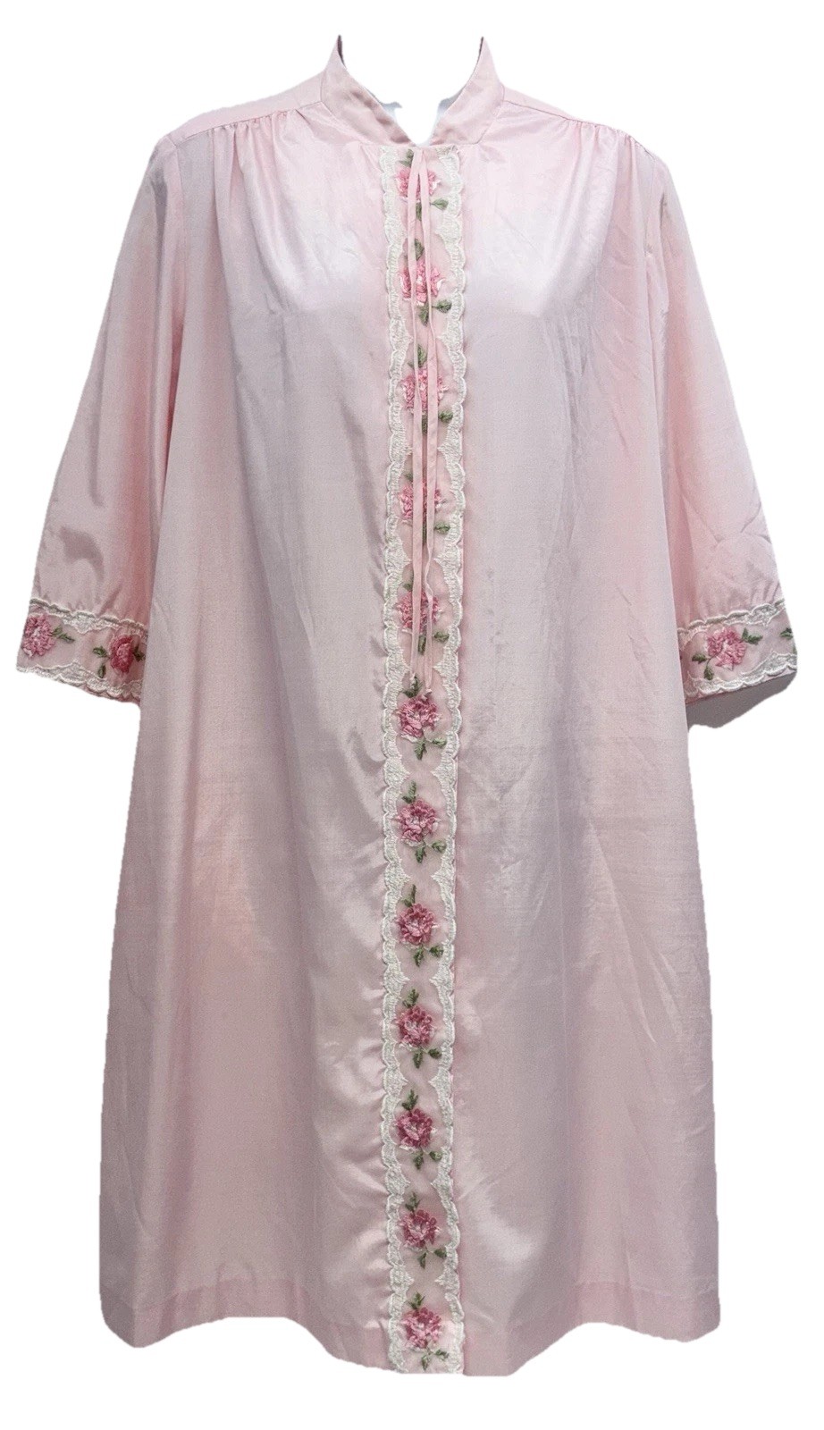 Vintage Loungees Women Size 12 Snap Button Up 3/4 Sleeve Embroidered Robe Pink