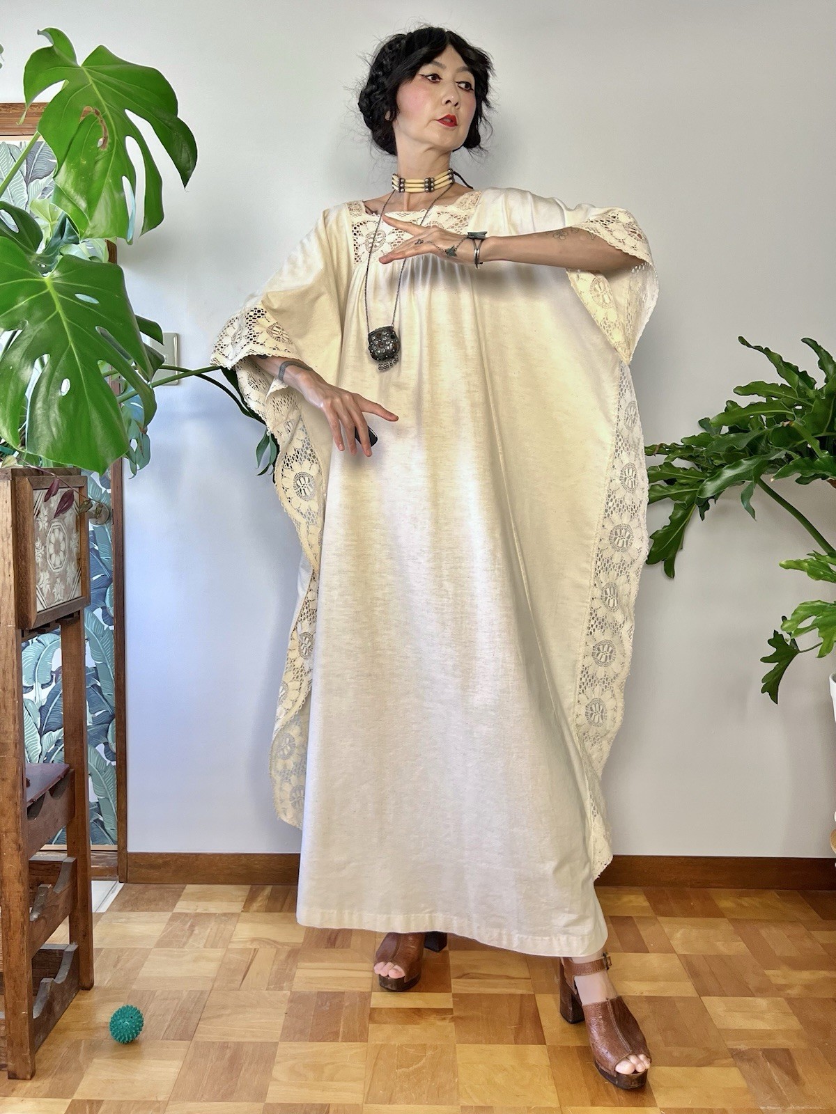 1970s Miss K by Alfred Shaheen Crochet Lace Caftan Dress Boho Cotton Maxi Kaftan