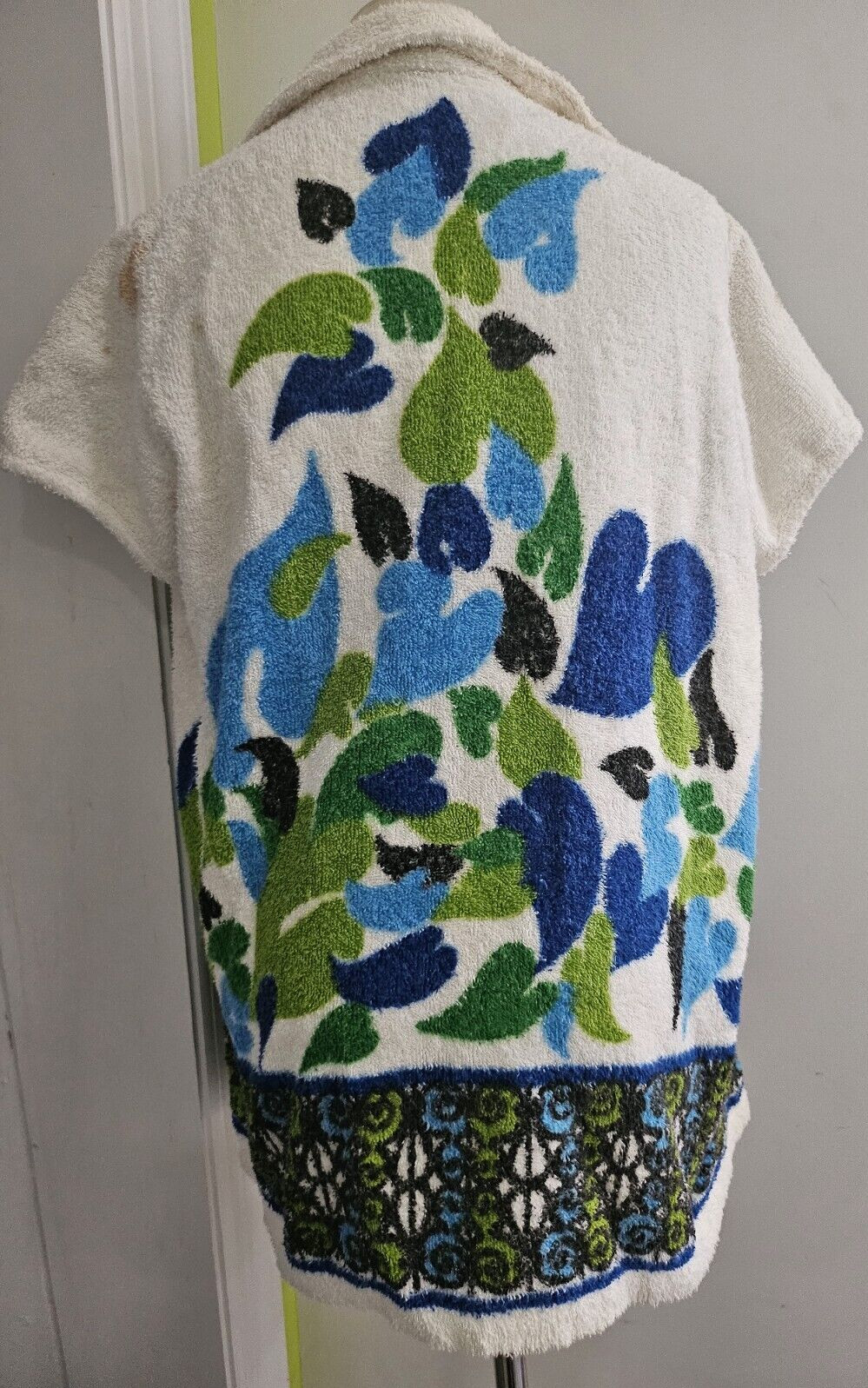 Vintage 60s Terrycloth Beach Coverup Bright Blue Green Unique Design S/M