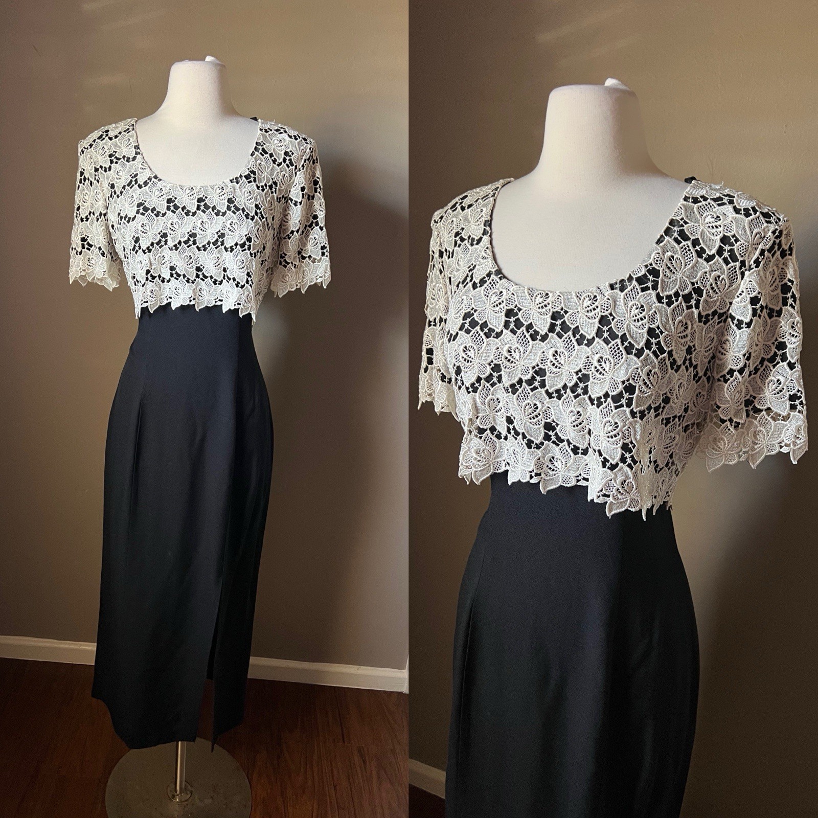 Vintage 80s 90s Dress Size 8 Black White Crochet Top Short Sleeve Maxi Cottage