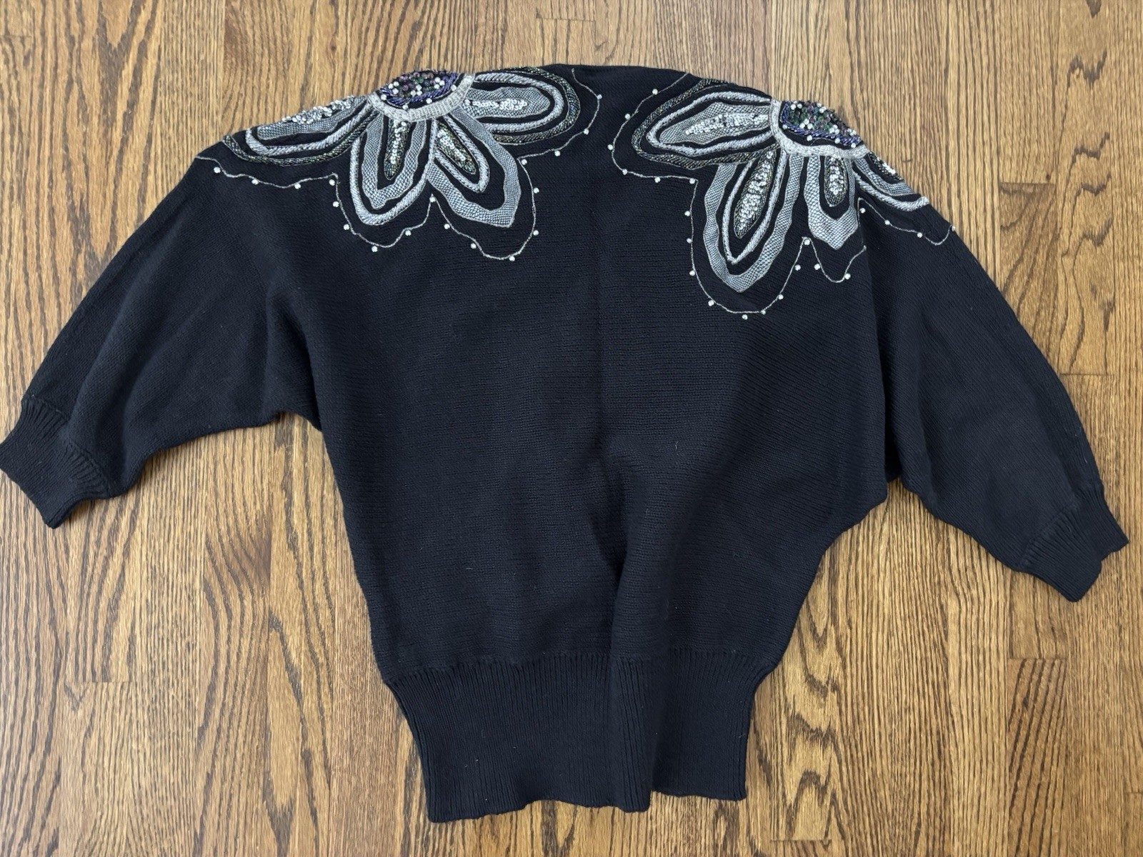 Vintage 1990’s Bonnie Boerer Metallic Silver Embellished Batwing Wrap Sweater M