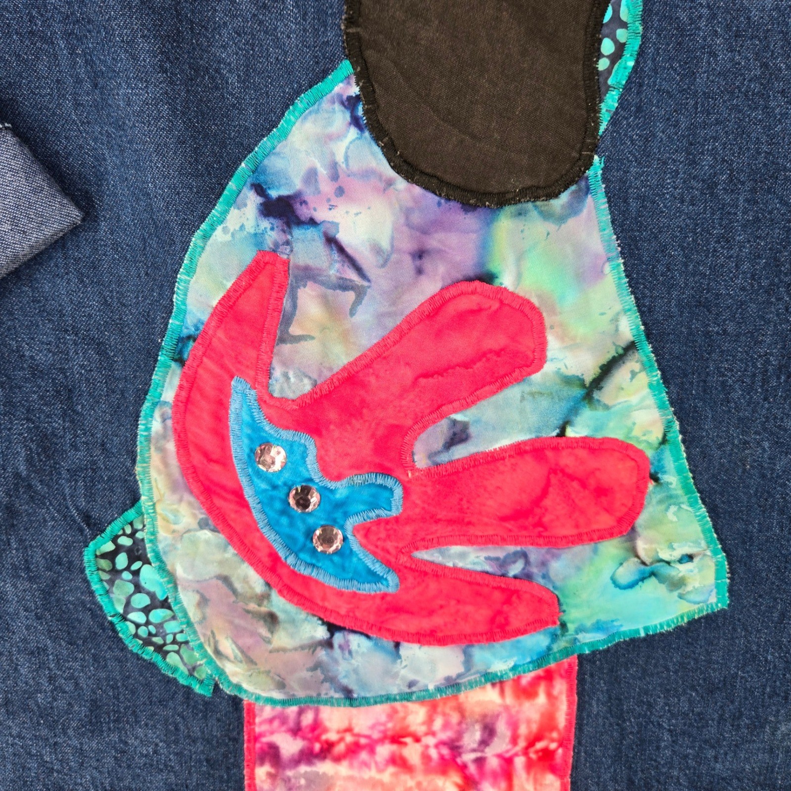 Vintage Womens Denim Pullover Top Wearable Art Batik Tie Dye Applique Boxy Fit