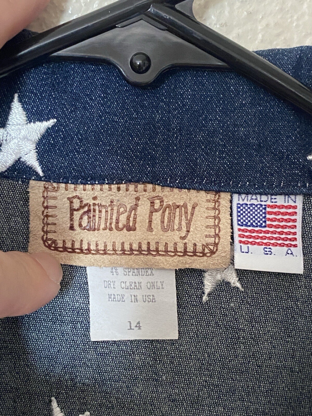 Vintage Painted Pony Zip Vest Denim USA Flag Stars Patriotic America Blue 14 S/M