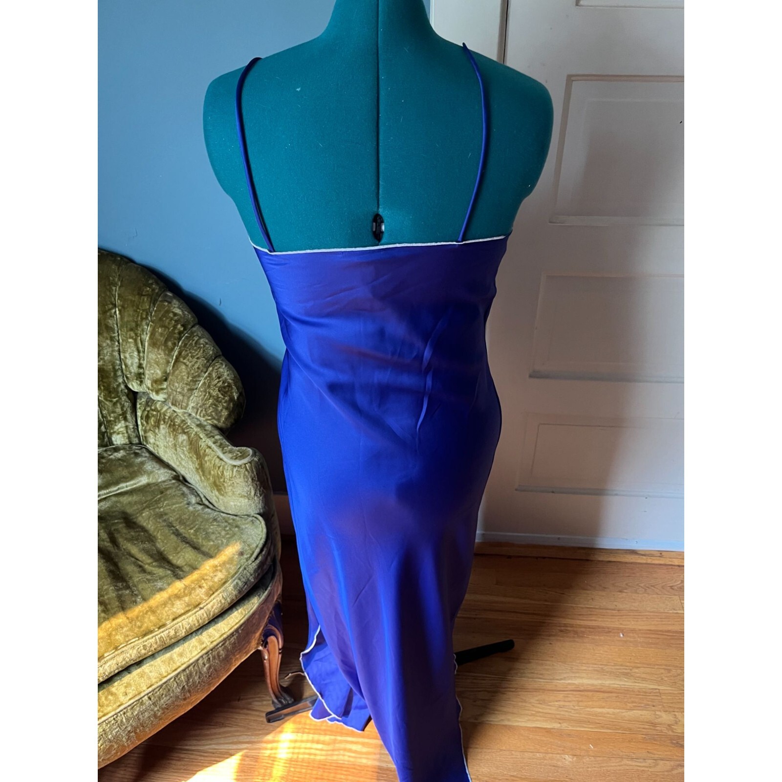 80s Strappy + Sexy Royal Blue Long Maxi Nightgown with Pink + White Neckline Des