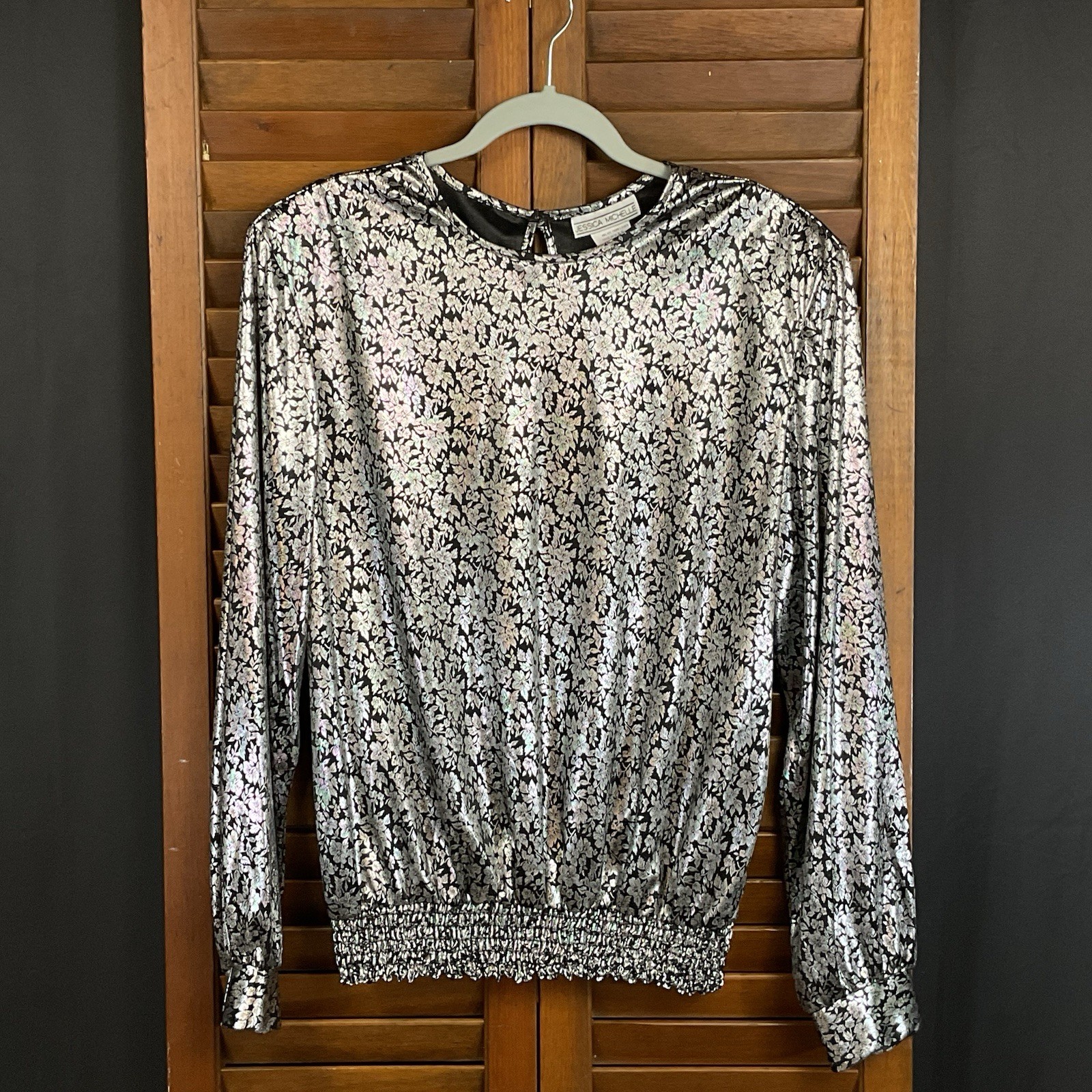 VTG 80’s Silver Metallic Floral Jessica Michelle Blouse Elastic Waist Sz 14 Glam