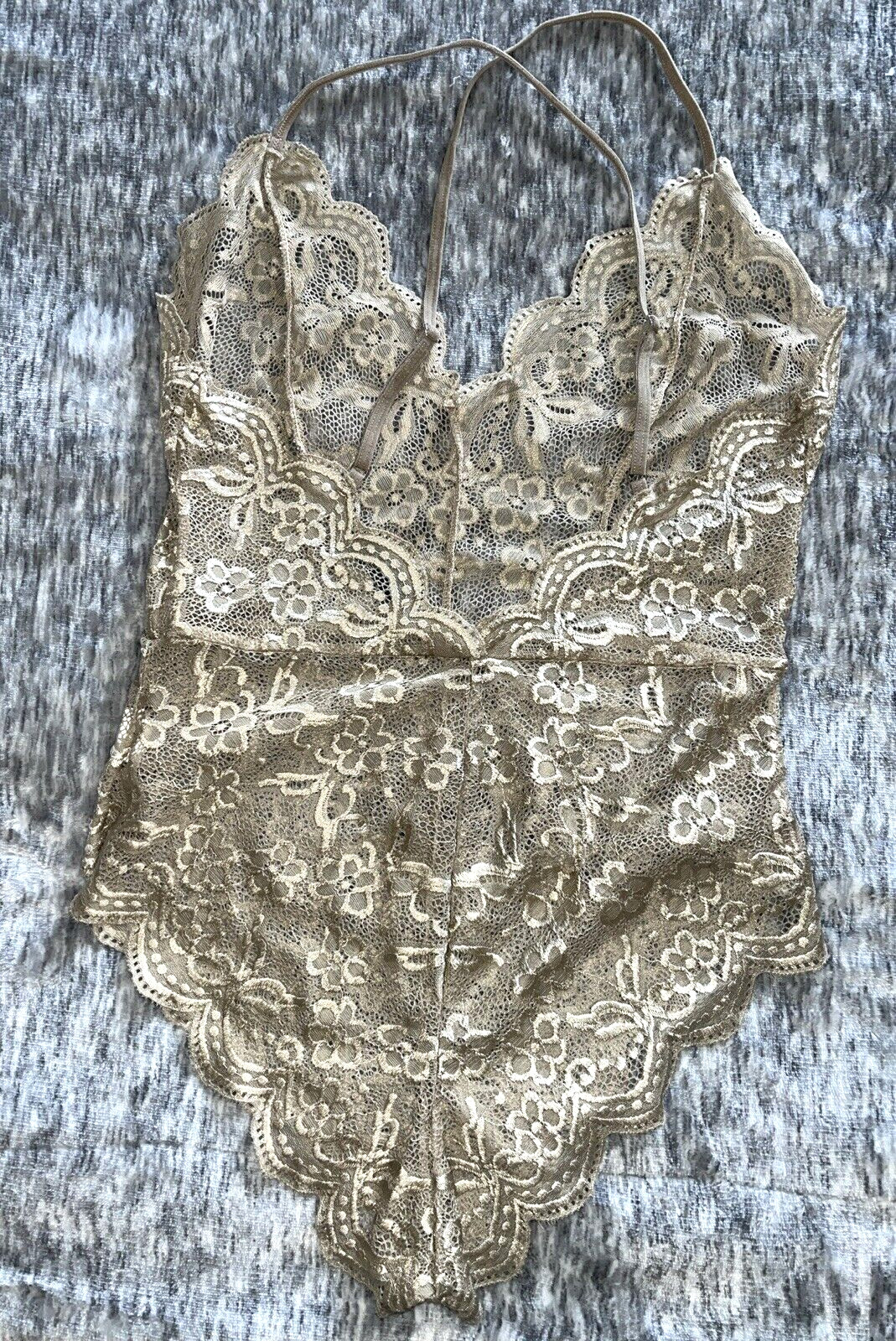 Avid Love Sheer Floral Lace Teddy Romper Bodysuit Elastic Waist Beige Sz M