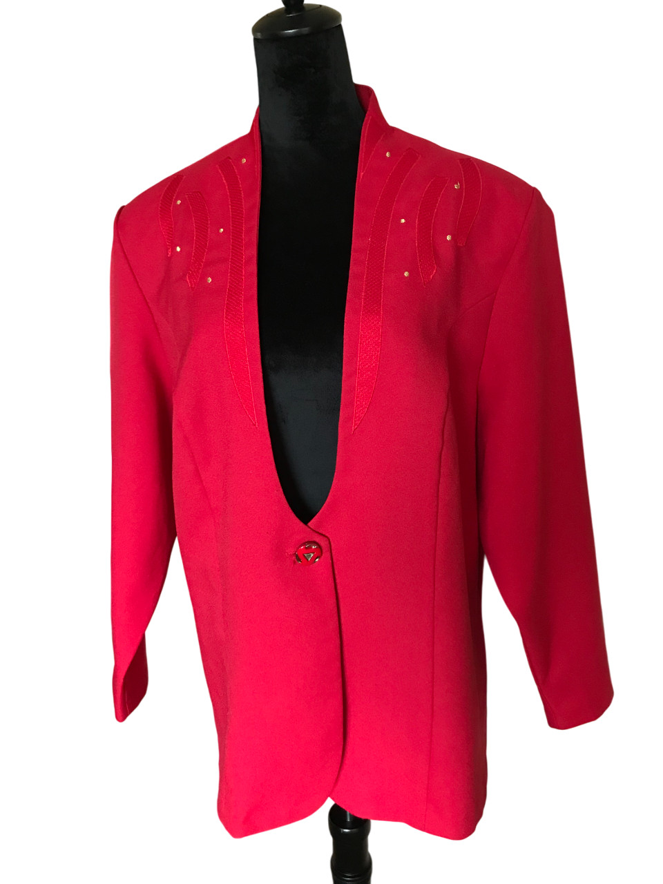 VTG 70s Pride & Joy Blazer, Deep Scoop Neck Red Geometric Print Gold Dots Sz 22W
