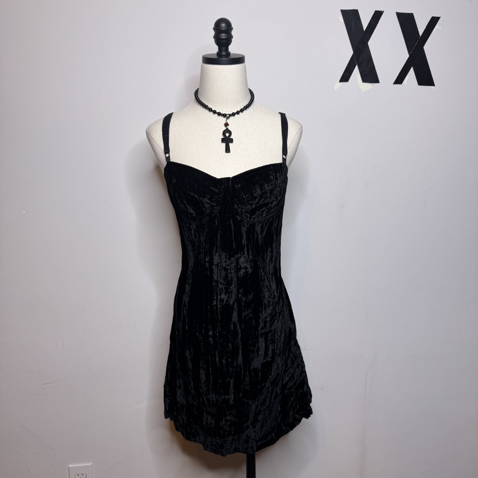 Vintage TRIPP NYC Black Velvet Mini Dress Goth Club Original Rocket Label RARE S