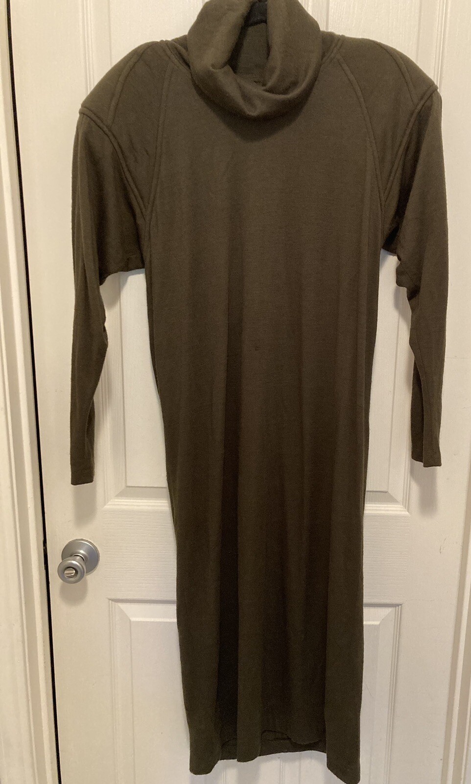 Vtg CAROL ANDERSON Calif Dark Khaki Green Turtle Neck Dress Shoulder Pads 9-10
