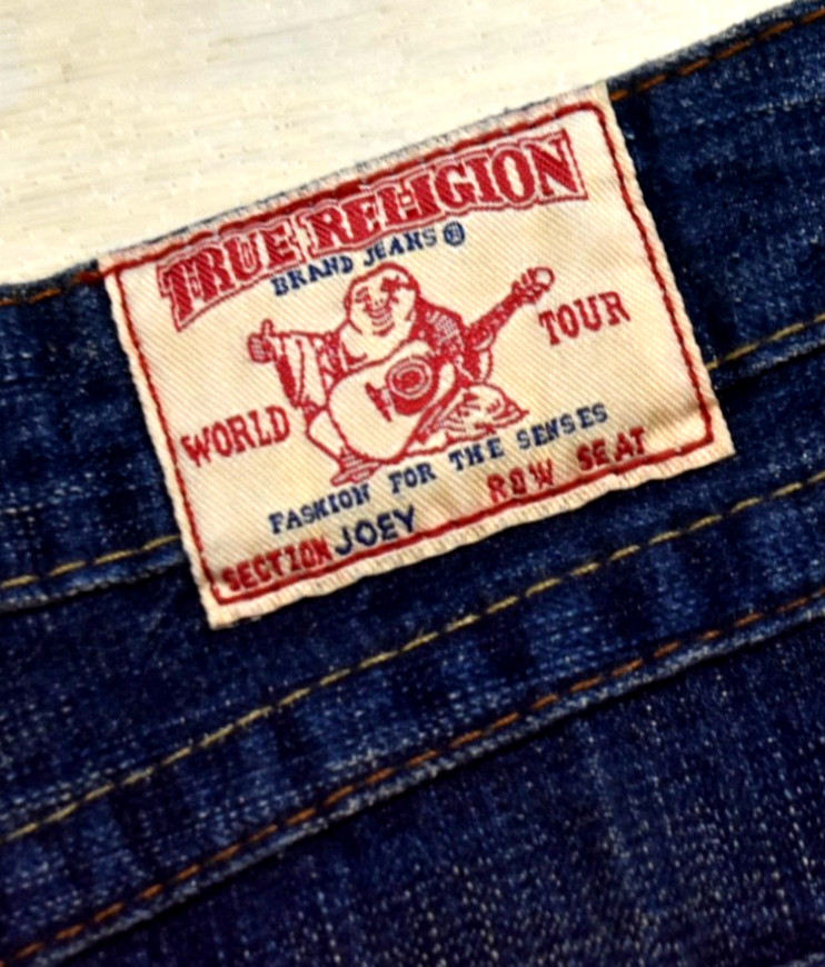 Y2K TRUE RELIGION Joey #18609 Mini Denim Skirt Distressed Flap Pockets 27 VTG