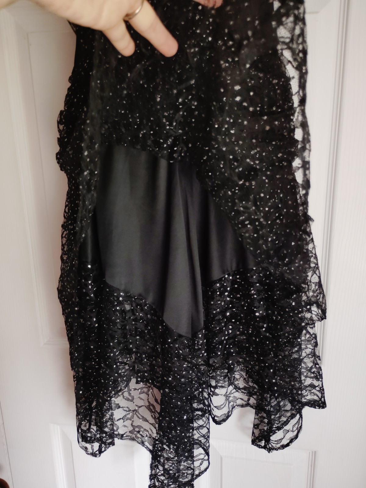 1980 PUNK GOTH FAIRY prom dress black silver lace layers handkerchief 8/10 USA