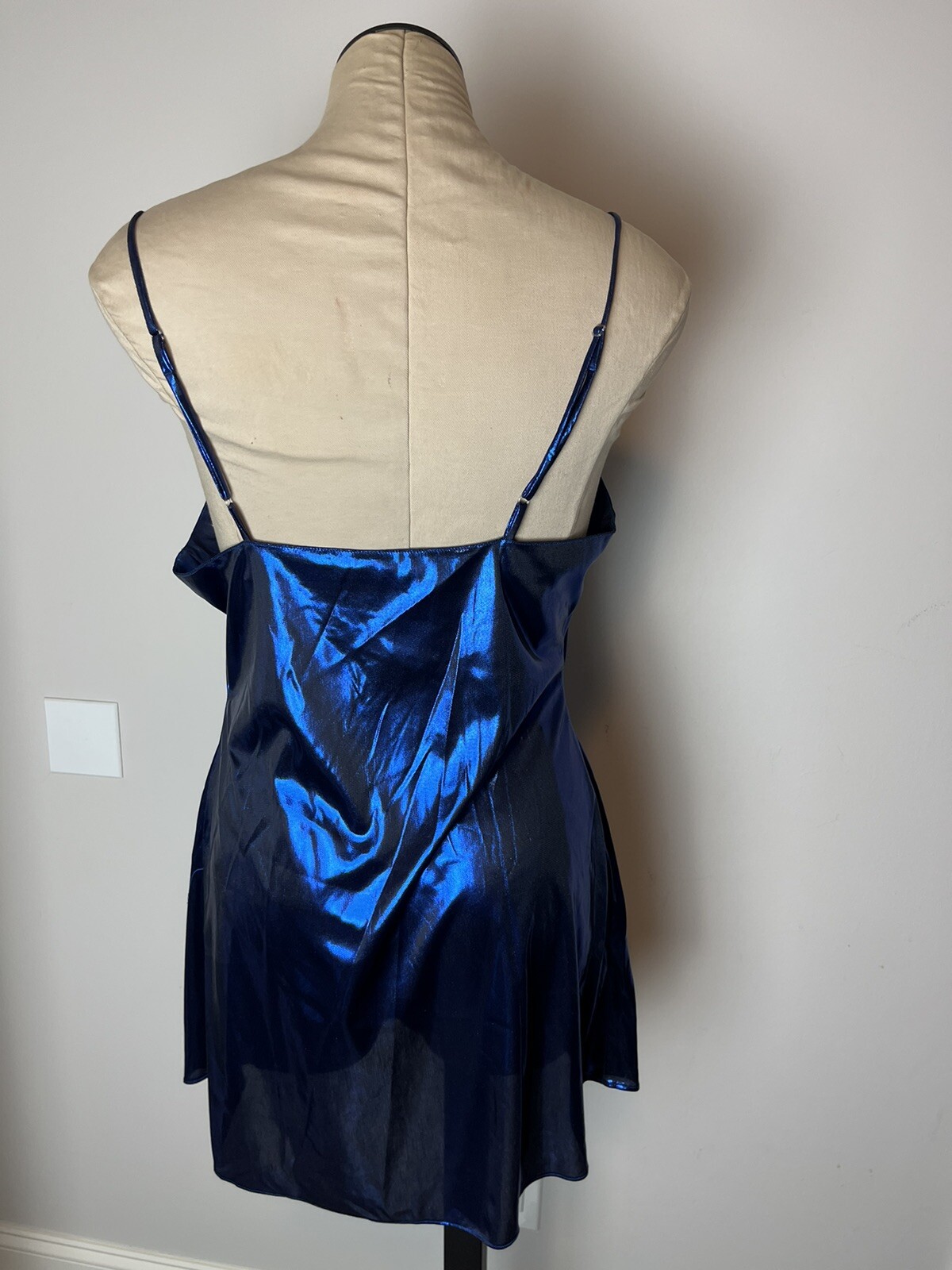 Vintage Intimo Chemise Dress Medium Blue Liquid Metal Metallic V Neck
