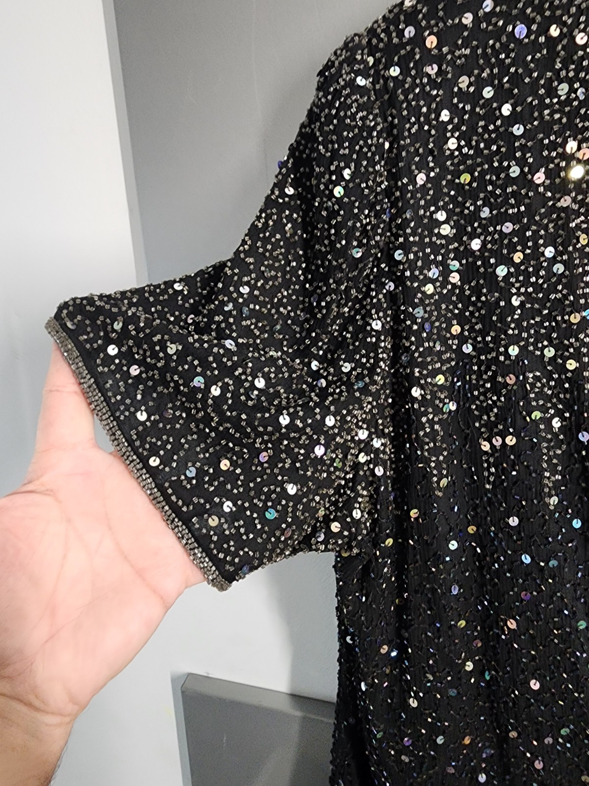 Vtg Patra Stenay 1x Silk top Black Sequin Beaded Silk Evening Blouse Glam Whimsy