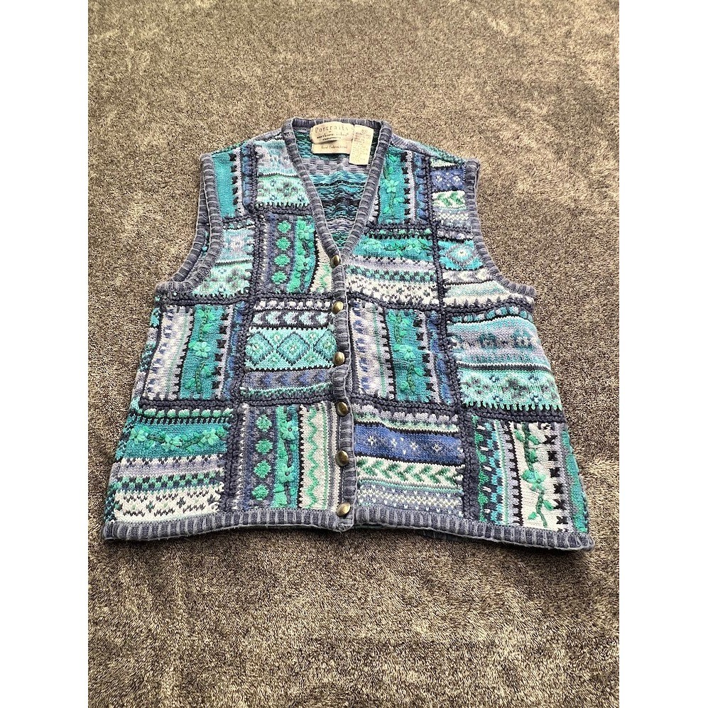 Portraits Northern Isles Vintage Blue Patchwork Floral Knit Sweater Vest Medium