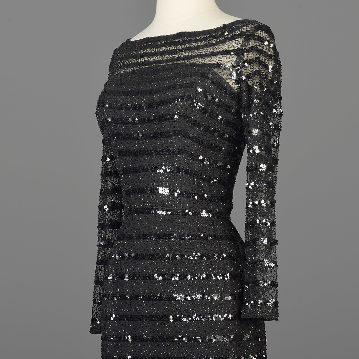 XXS Vintage 1960s 60s Ceil Chapman Long Sleeve Sequin Little Black Dress LBD