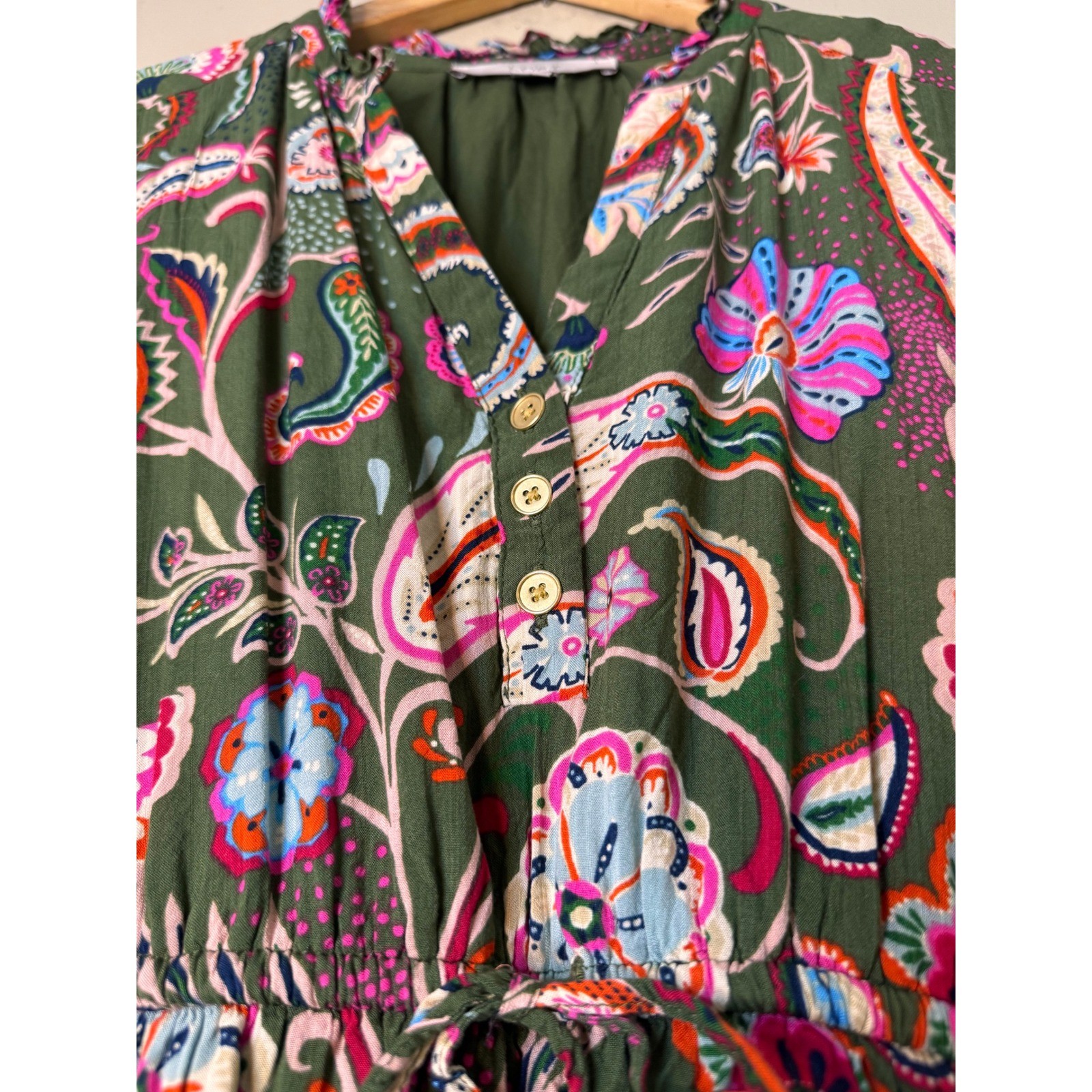 Olive Green Boho Prairie Maxi Dress Paisley Floral Cottagecore Peasant Small