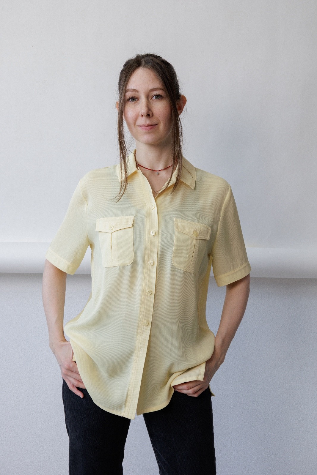 Vintage 90s Butter Yellow Camp Collar Utility Pocket Longline Blouse Women’s L