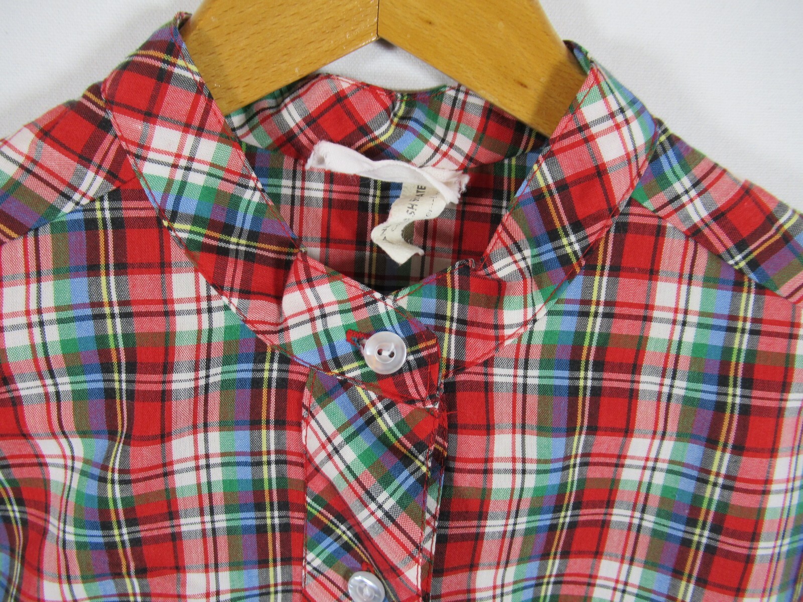 Vintage 50s 60s Paulette Red Plaid Tunic Blouse Women Lightweight Band Collar
