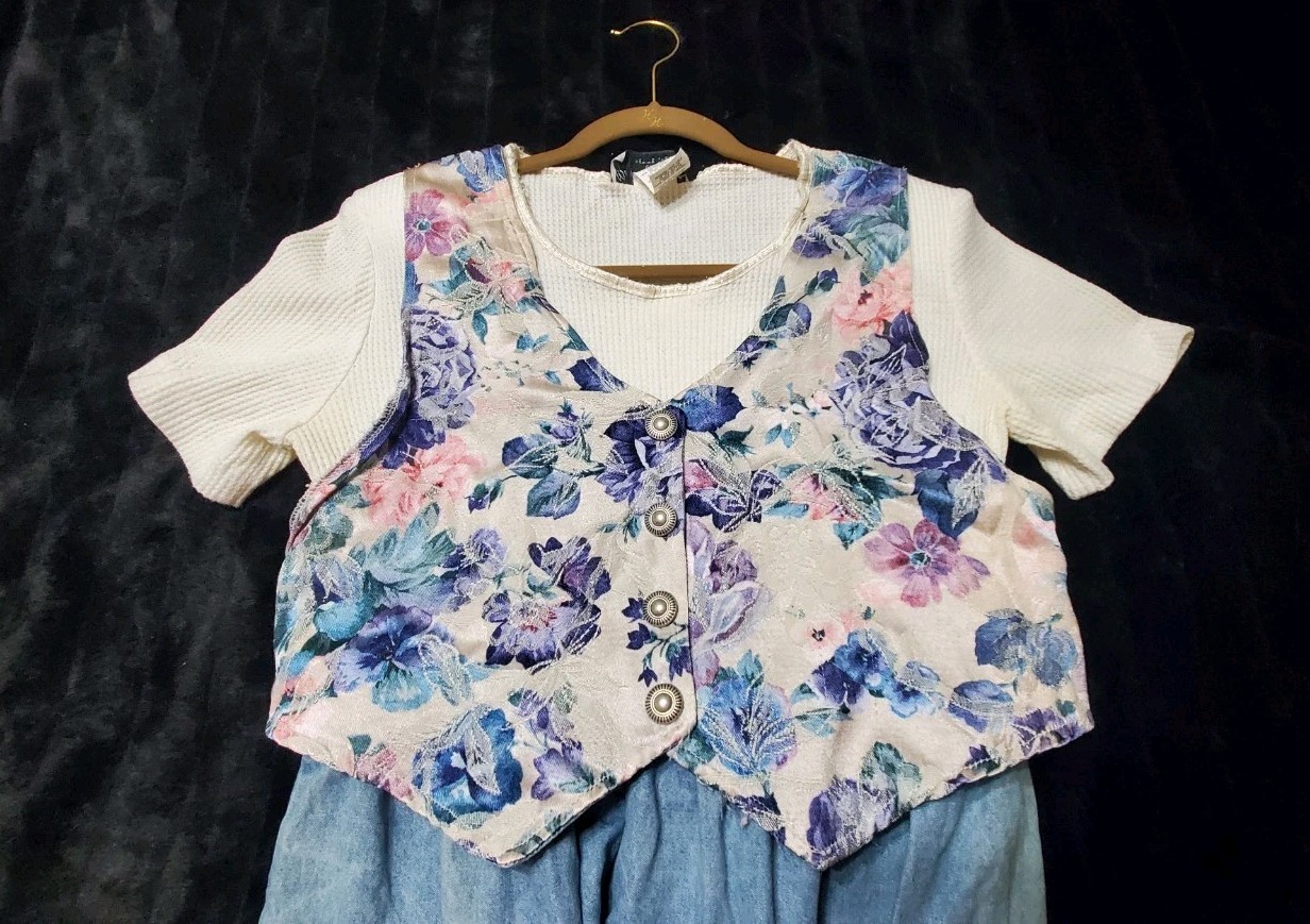 Vtg Ms Conduct California Floral Tapestry Vested Denim Dress Shoulder Pads Sz 10