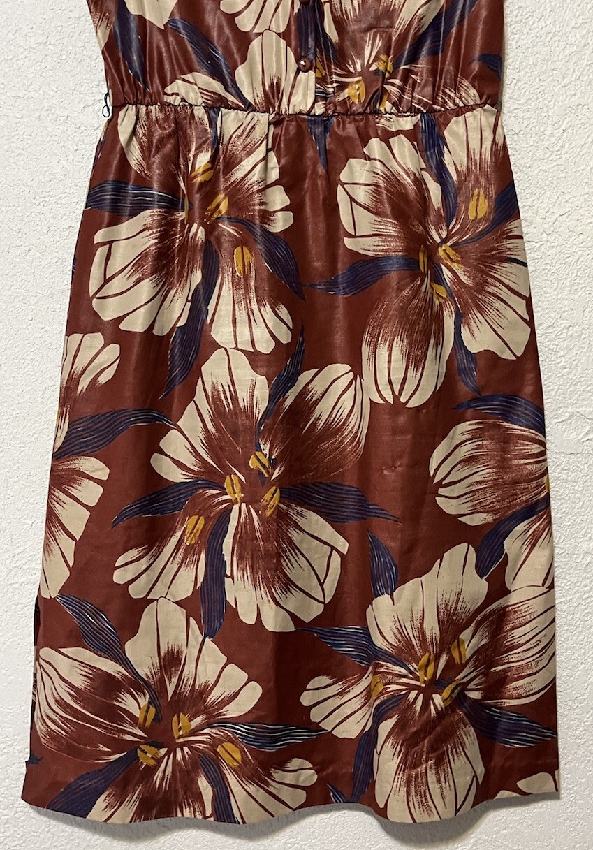Vintage CALIFORNIA GIRL Short Cap Sleeve Long Floral Dress Sz 12 Brown Wet Look