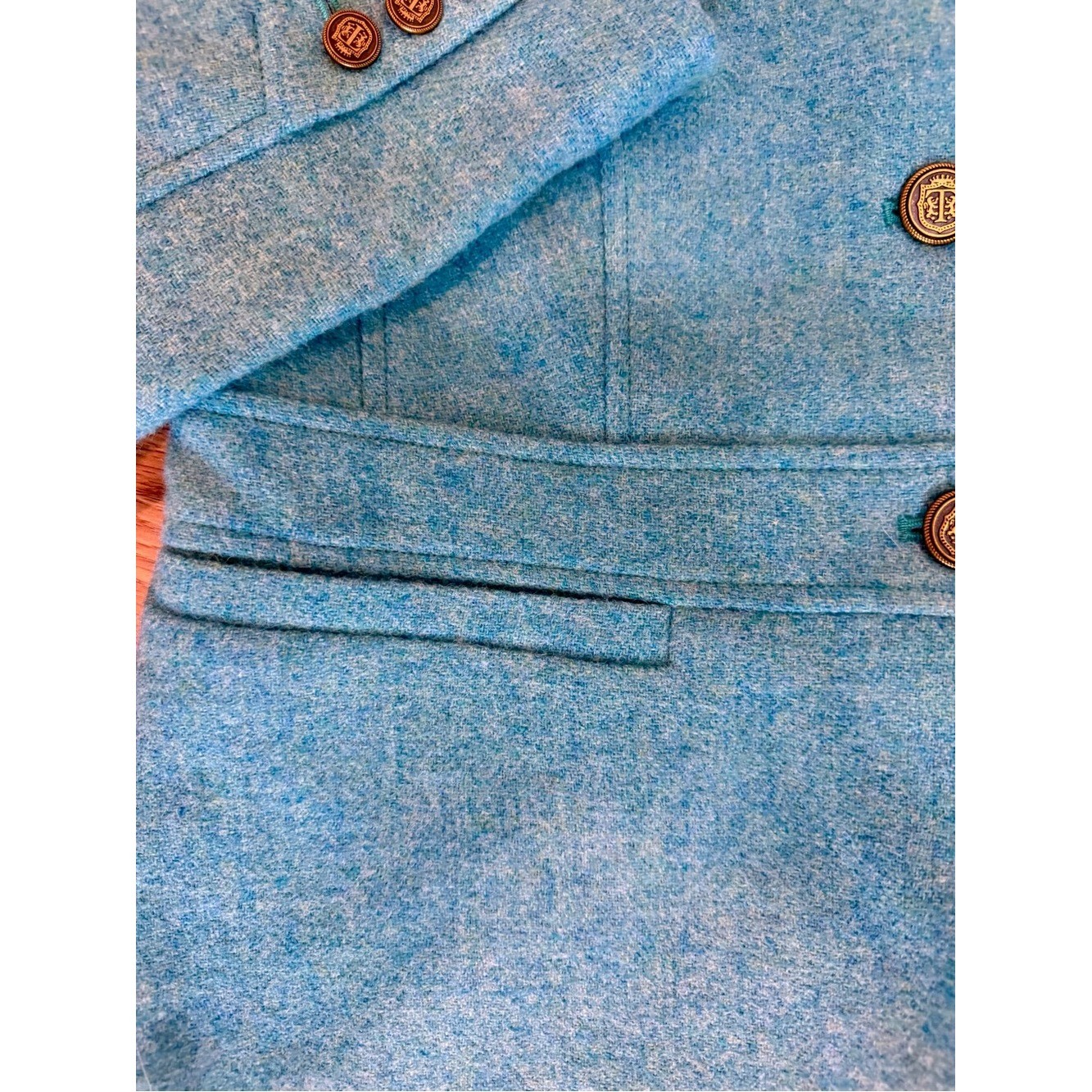 Vintage 90s Y2K Talbots Womens 2 Turquoise Blue Wool Tweed Crest Button Jacket