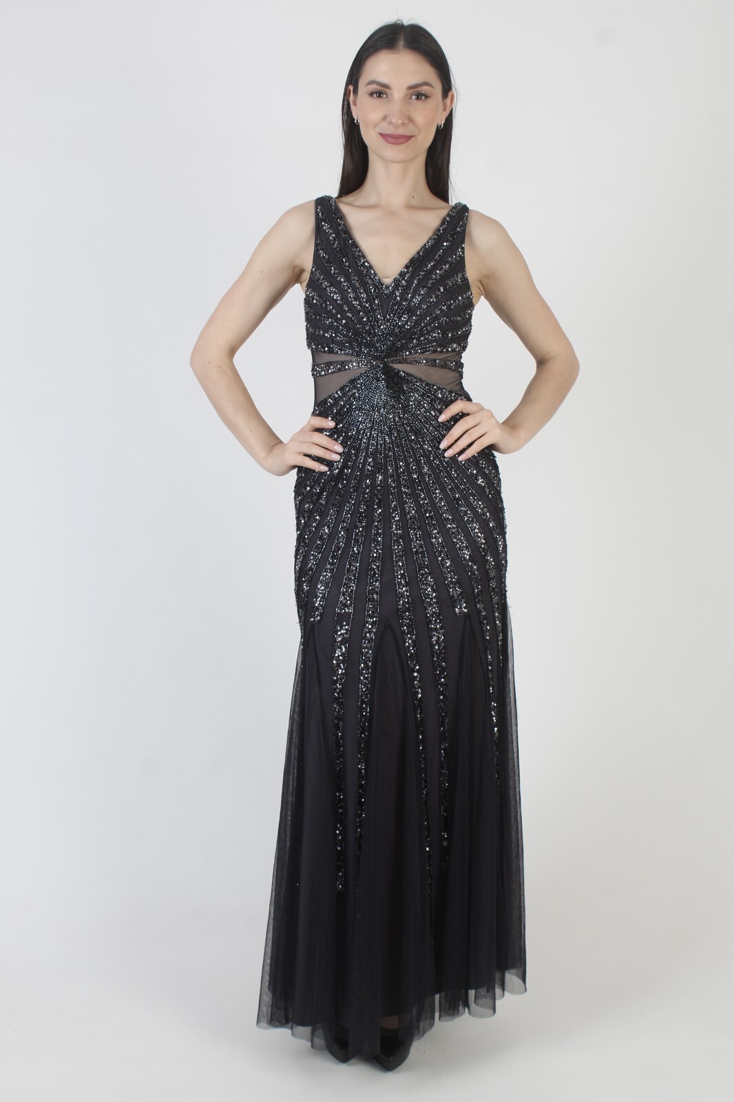 Adrianna Papell Beaded Dress Vtg Y2K Navy Prom Gown Long 2000s Evening Maxi Sz 2