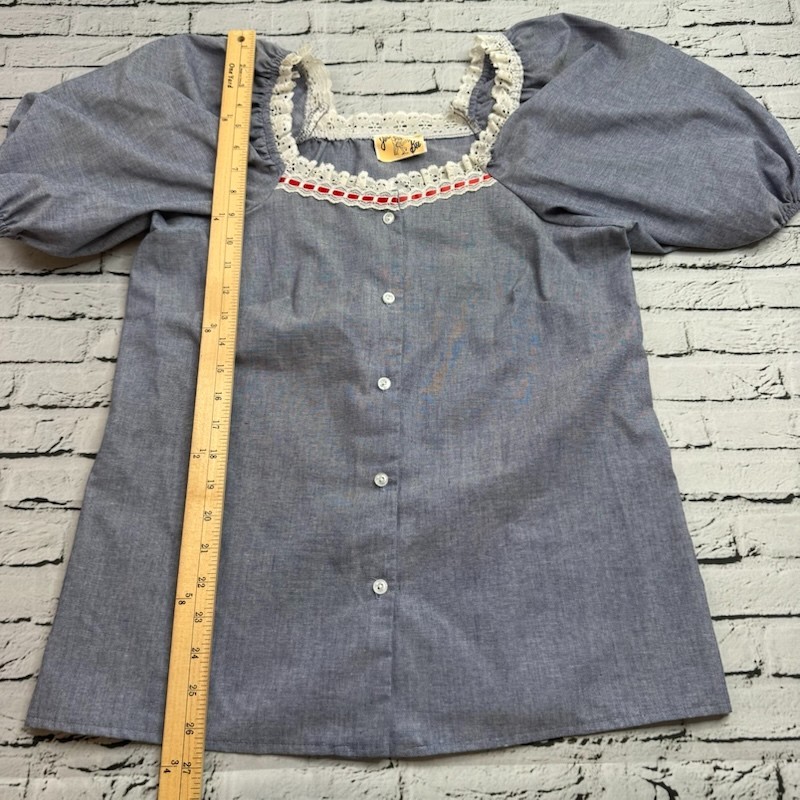 Vintage Jeri Bee Square Dance Cottagecore Lace Collar Western Blouse Top Blue