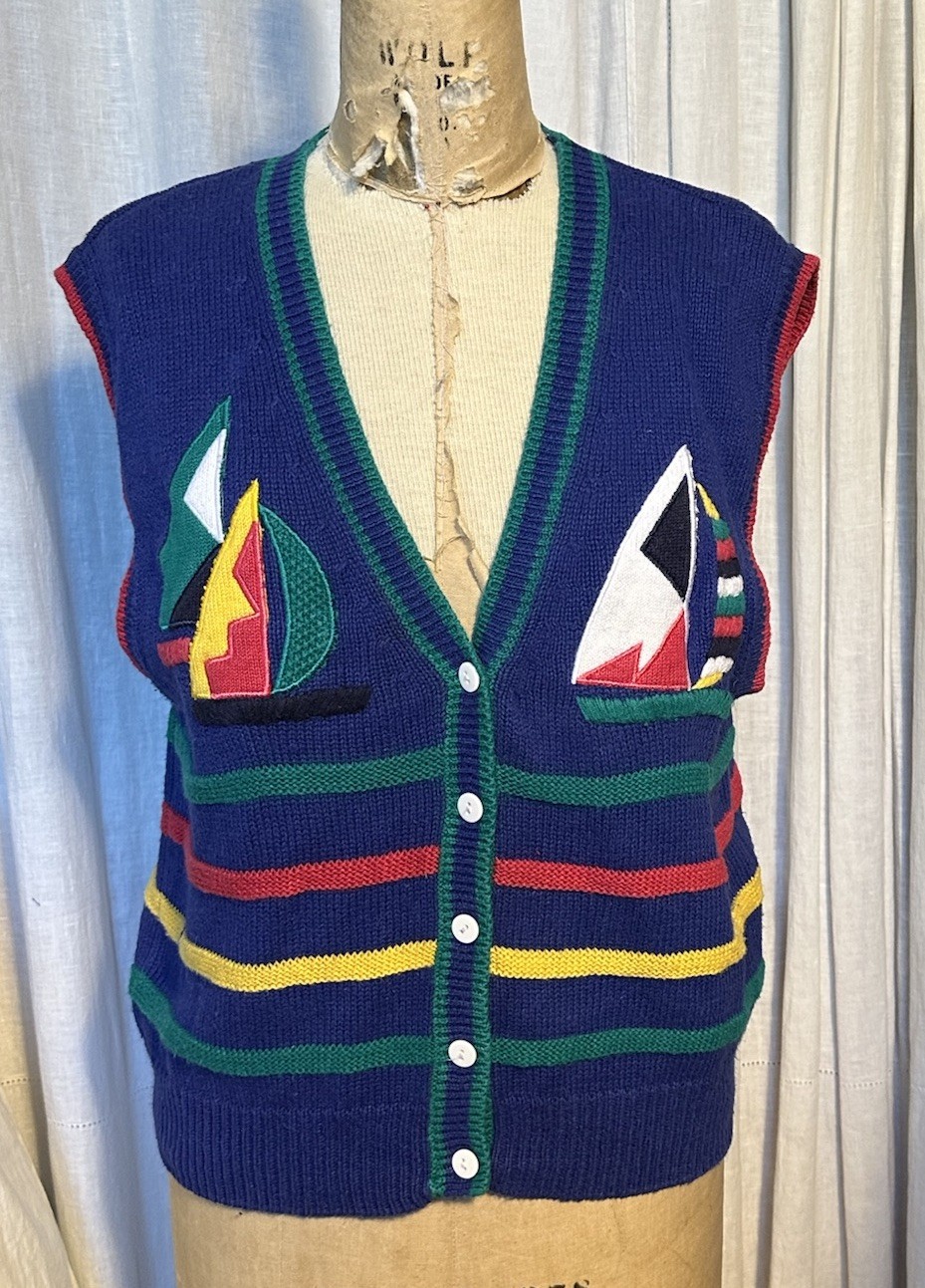 Vintage Robert Scott LTD. Womens Ramie/cotton Knit Best With Sailboats SzL Used
