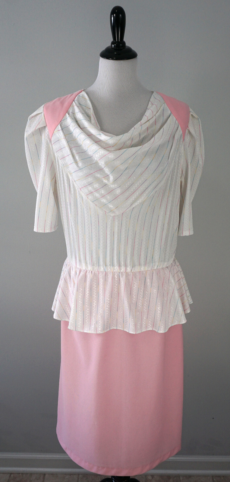 Vintage 80s KR of NY Pink White Striped Cowl Neck Short Sleeve Peplum Dress L