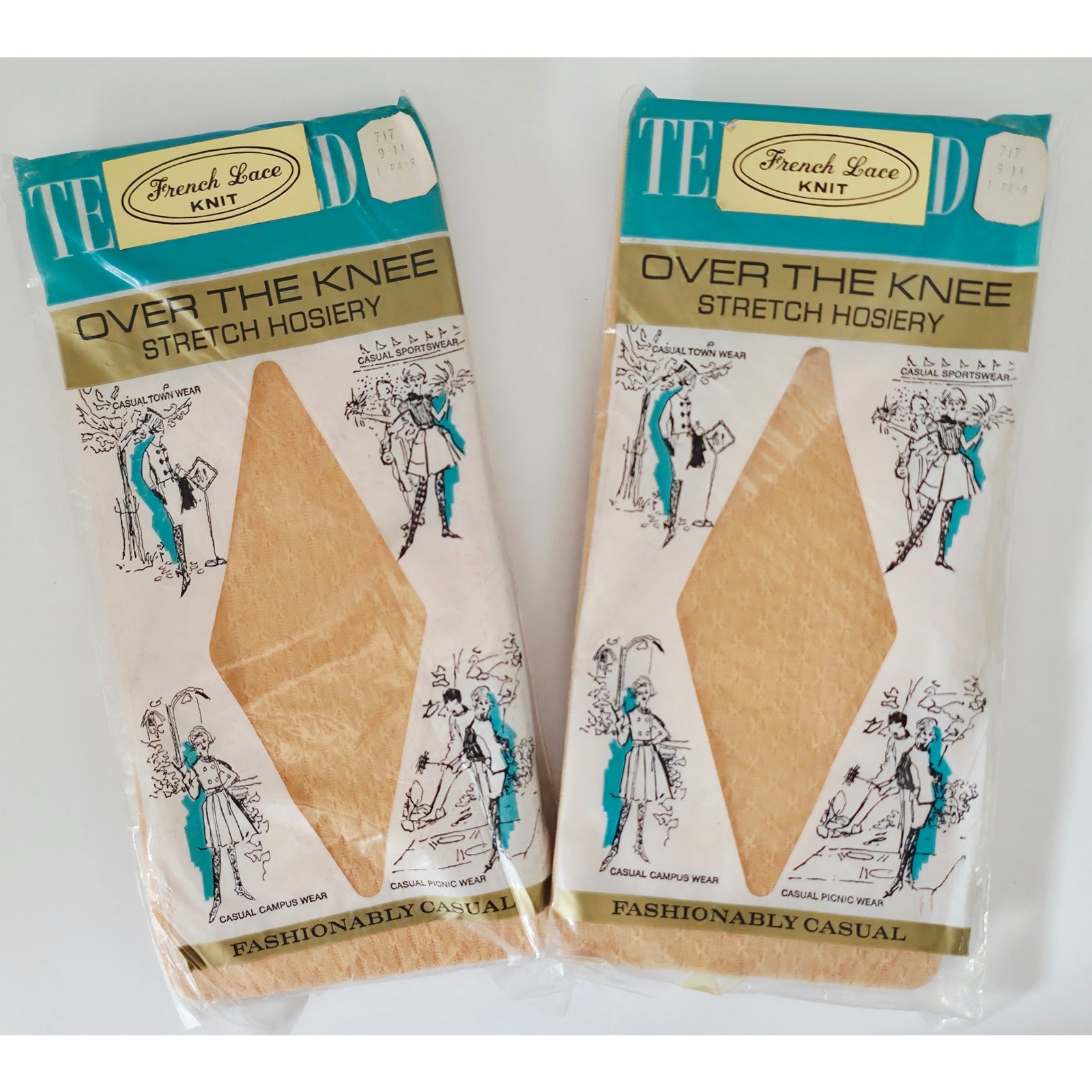 VINTAGE *NEW* 1960’s French Lace Over Knee Stretch Hosiery Beige Size 9-11 Set 2