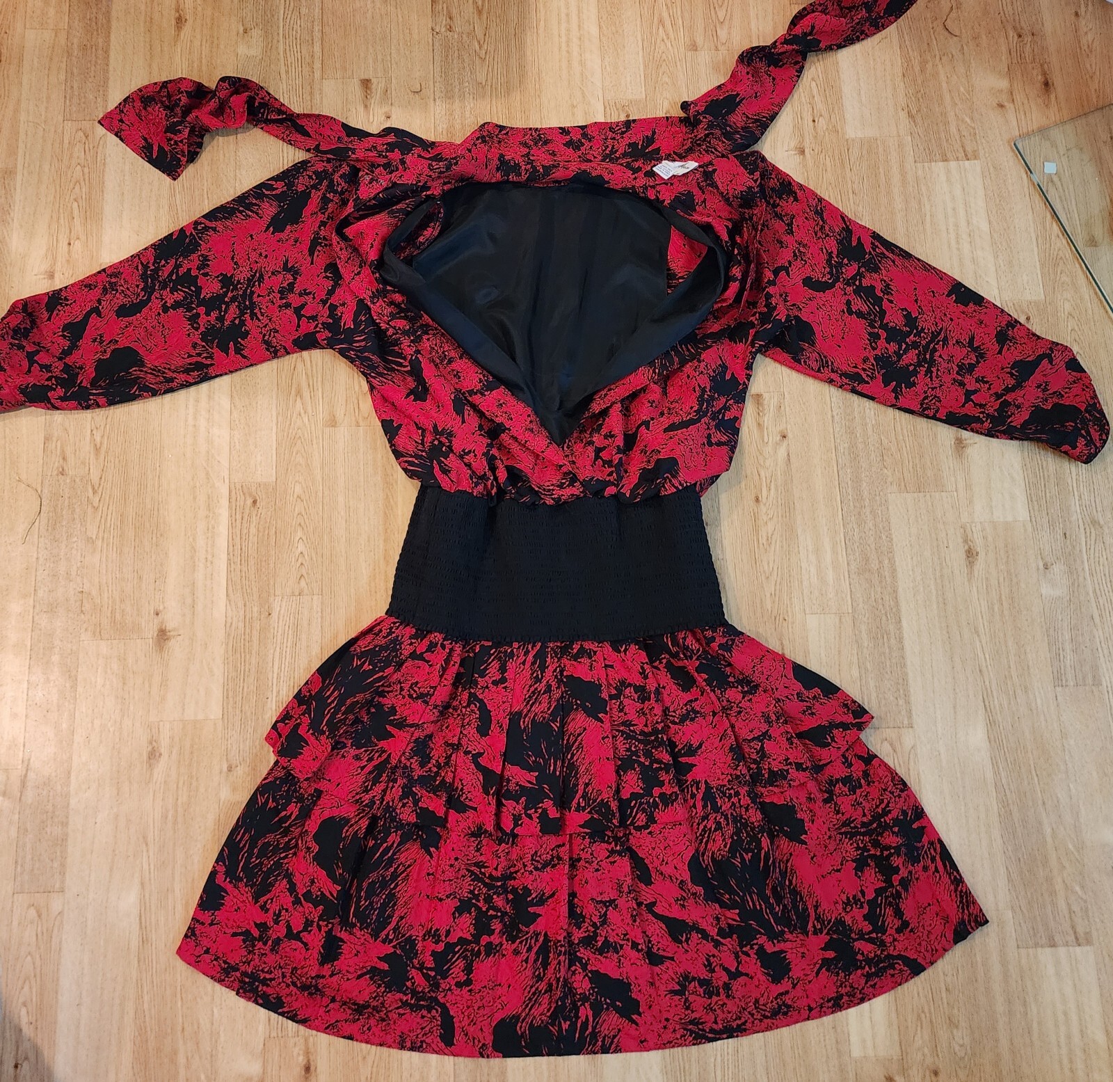 Nieman Marcus VTG Red/Black Abstract Print Dropped Waist Silk Dress Size 10