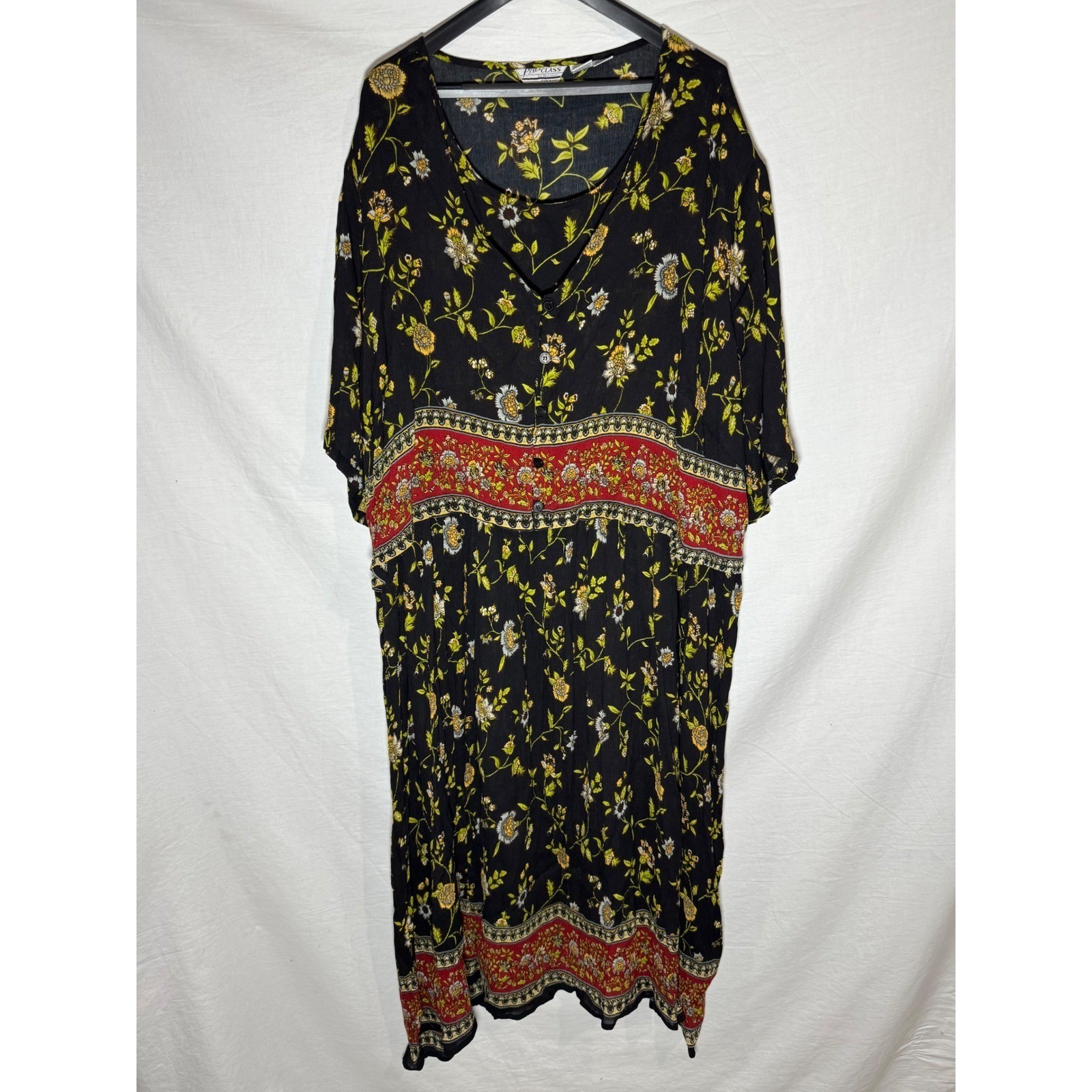 Just Class Vintage Floral Rayon Midi Dress Black Red Plus Size 32W Boho 90s