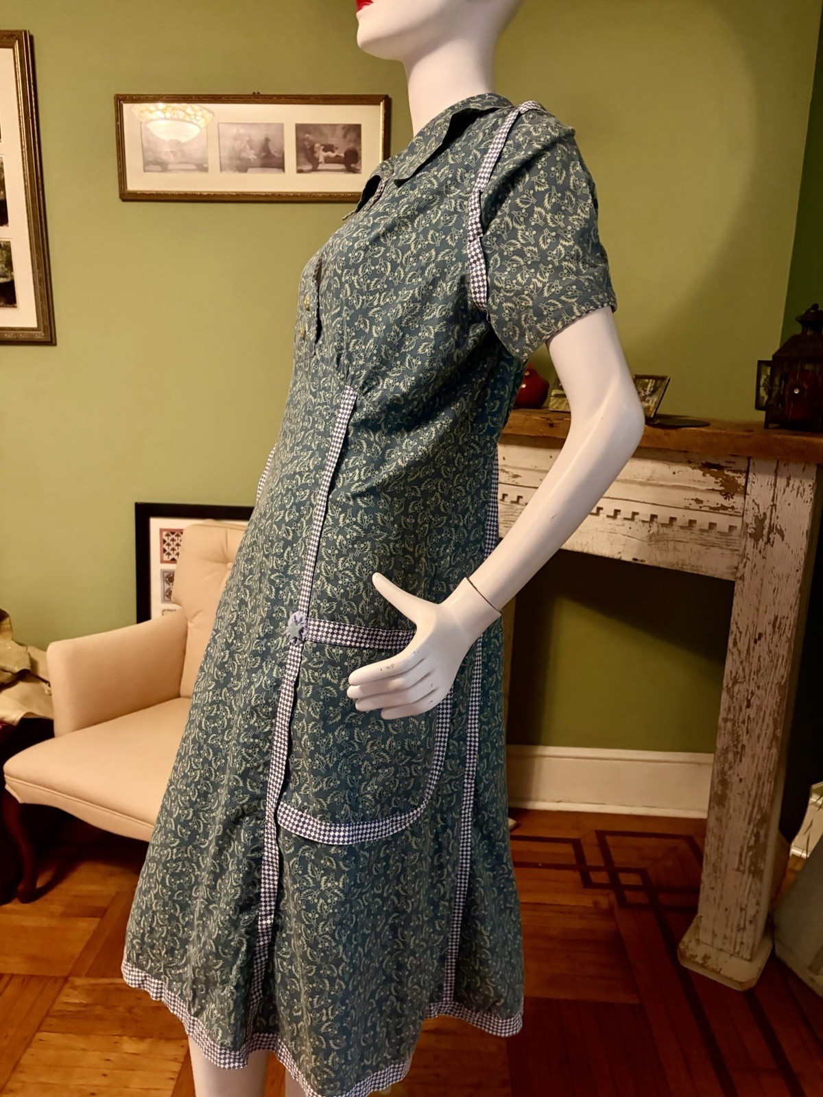Vtg 1940s 1950s Cotton House Day Dress Check & Floral Print L XL Rockabilly