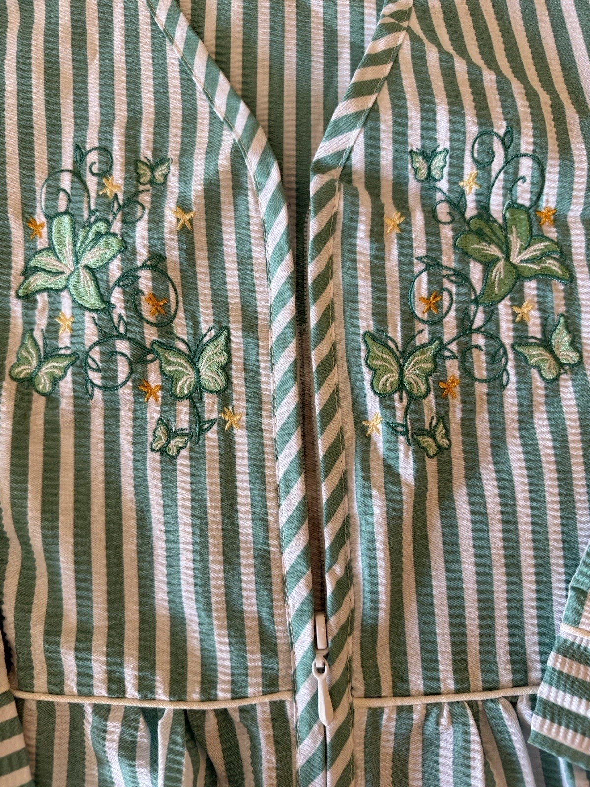 Vtg Collections Etc. Floral Embroidered Striped Zip Up Long Duster Robe Moo Moo