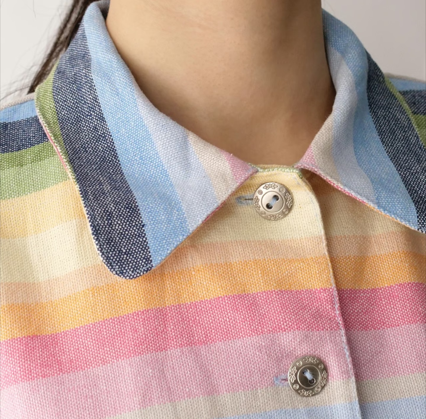 Retro Pastel Rainbow Strip Linen Blend Shirt Jacket 18 Pocket Festival Coachella