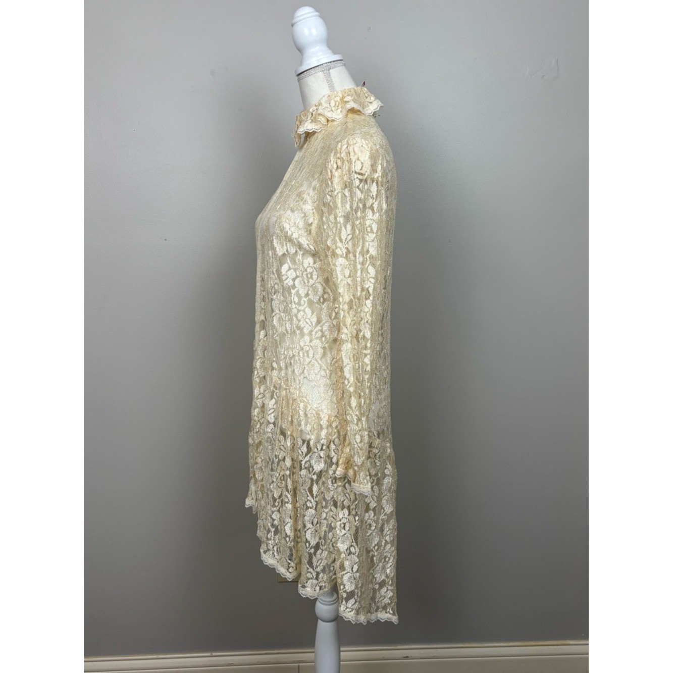 Vtg Jessica McClintock Top Women Lg Cream Lace Tunic Cardigan Victorian Coquette