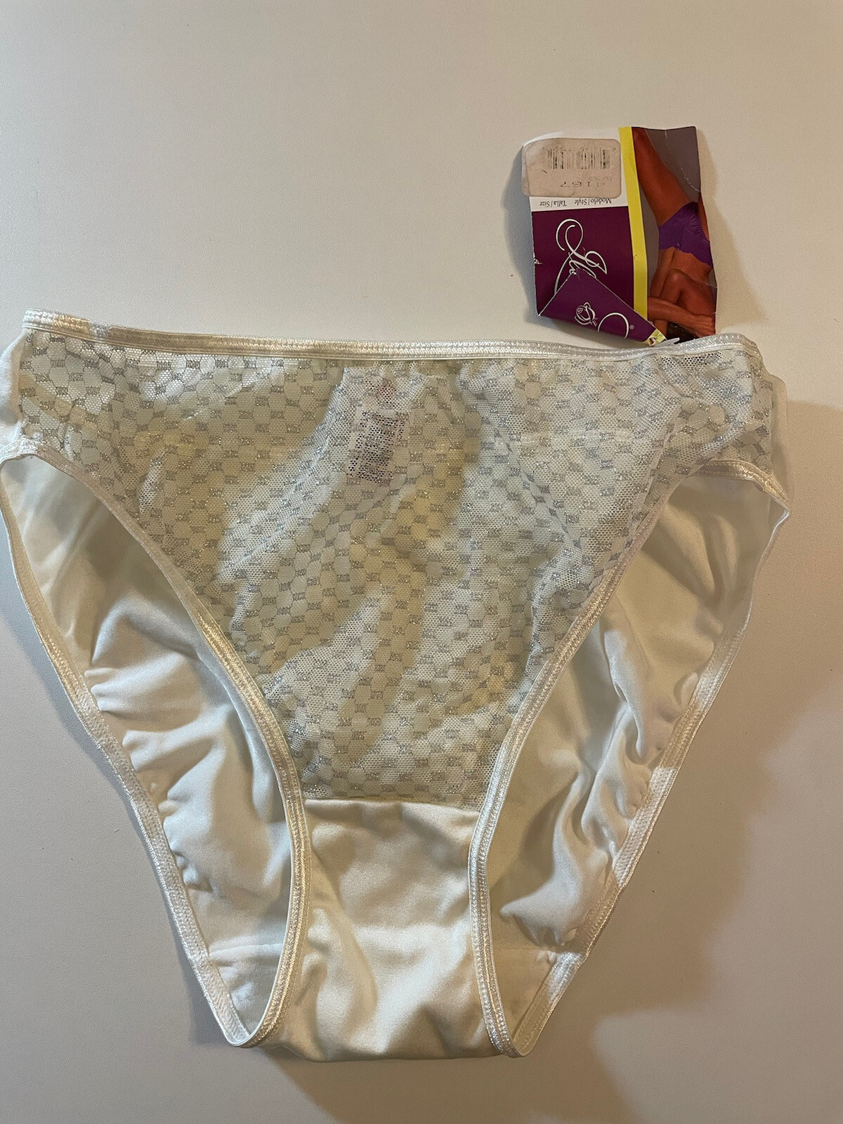 Vntg Illusion White Silver Sheer Double Nylon String Bikini Panties L Sparkly Ne