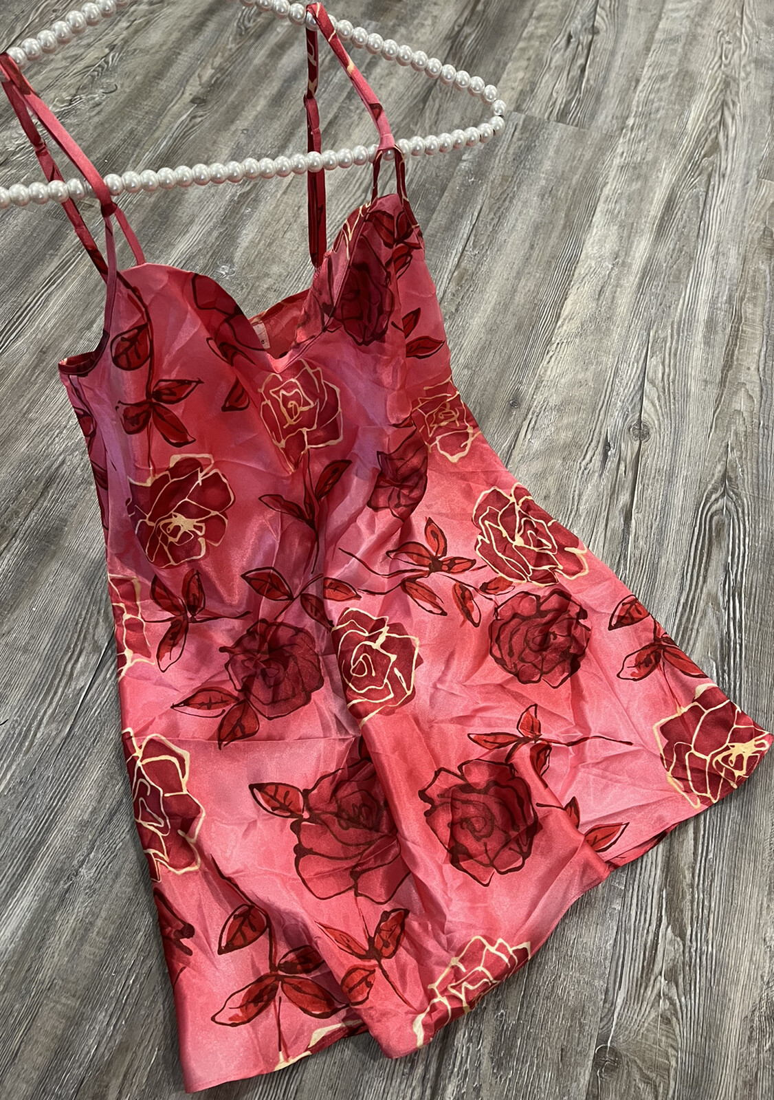 VTG80’s Alexandra Nicole Women’s Red Pink Roses Doubled Spaghetti Straps Slip M