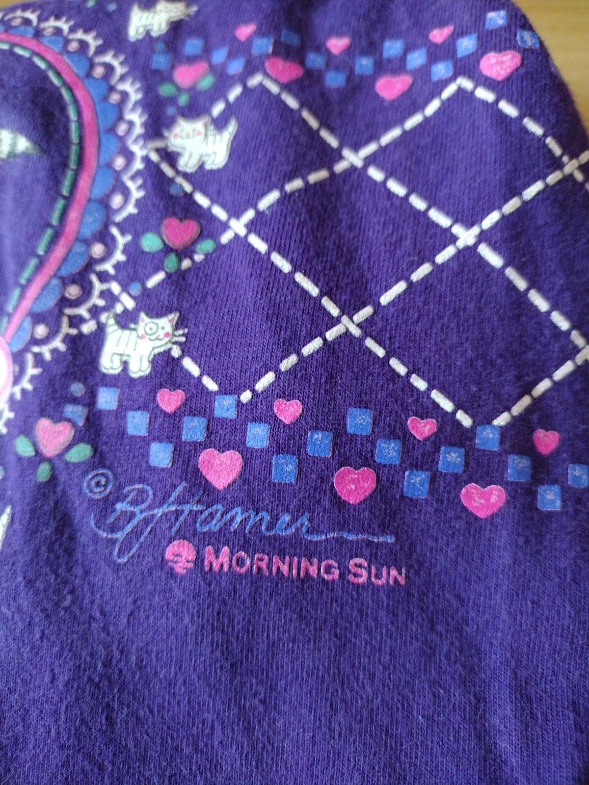 Vintage XL Grandma Style Morning Sun Jerzees Purple Cat Sleeping USA Made Shirt