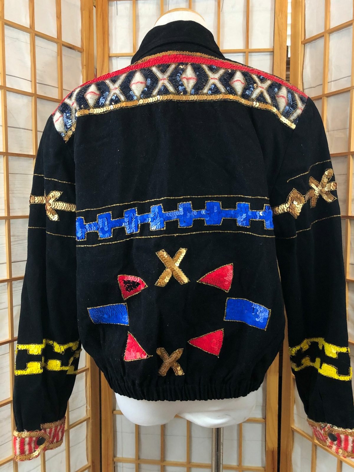 Vintage Modi Denim Black with Red Cotton Snap Button Front Sequined Jacket 8-10