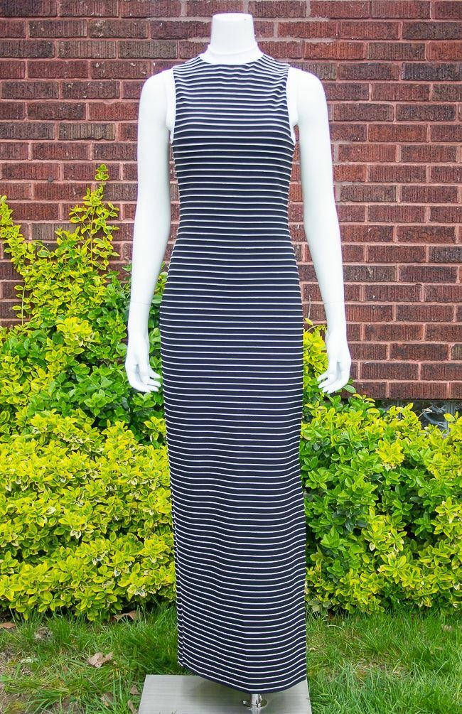 VTG 90s GRUNGE Club Kid *POSSESSED* Black White STRIPED Body Con MAXI DRESS XS-S