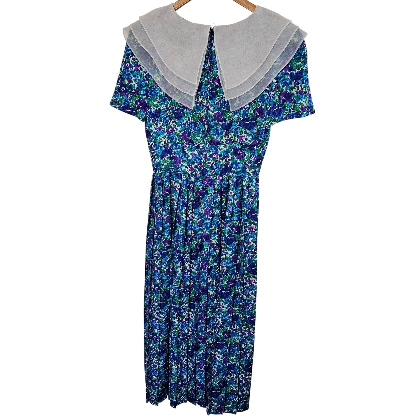 Vintage 80s Maggy Boutique Dress Size 10 Blue Floral Pleated Preppy Retro
