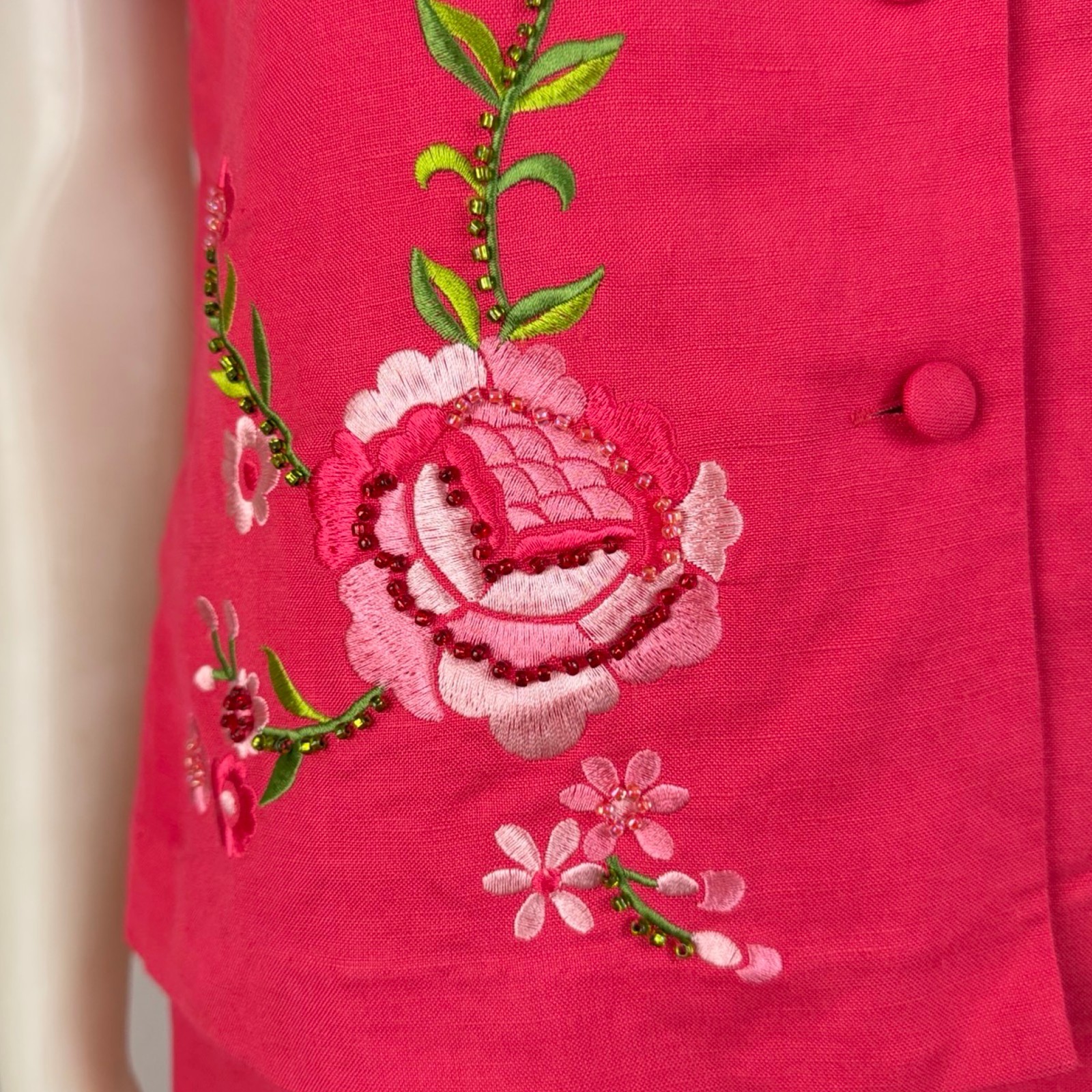 Vintage Floral Embroidered Dress Top Set Size Small 90s Pink Beaded Linen Blend
