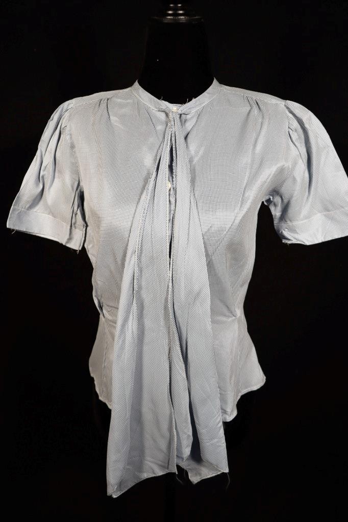 Vintage 1940’s French Blue & White Check Rayon Blouse Size Med Excellent Cond