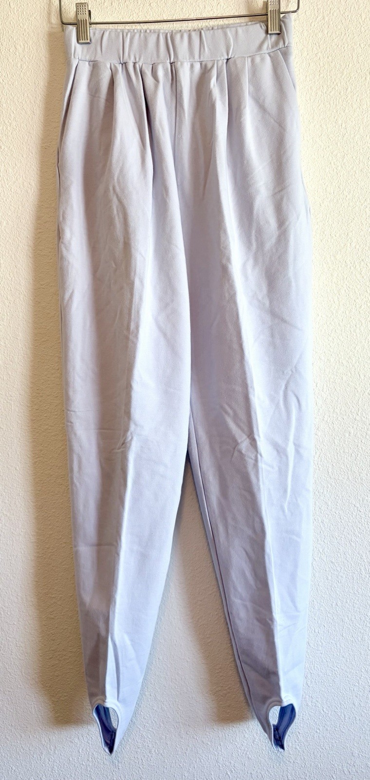 VTG 80s Pastel Blue stretch Stirrup Pants, Pull on, High rise Pleated, Pockets S