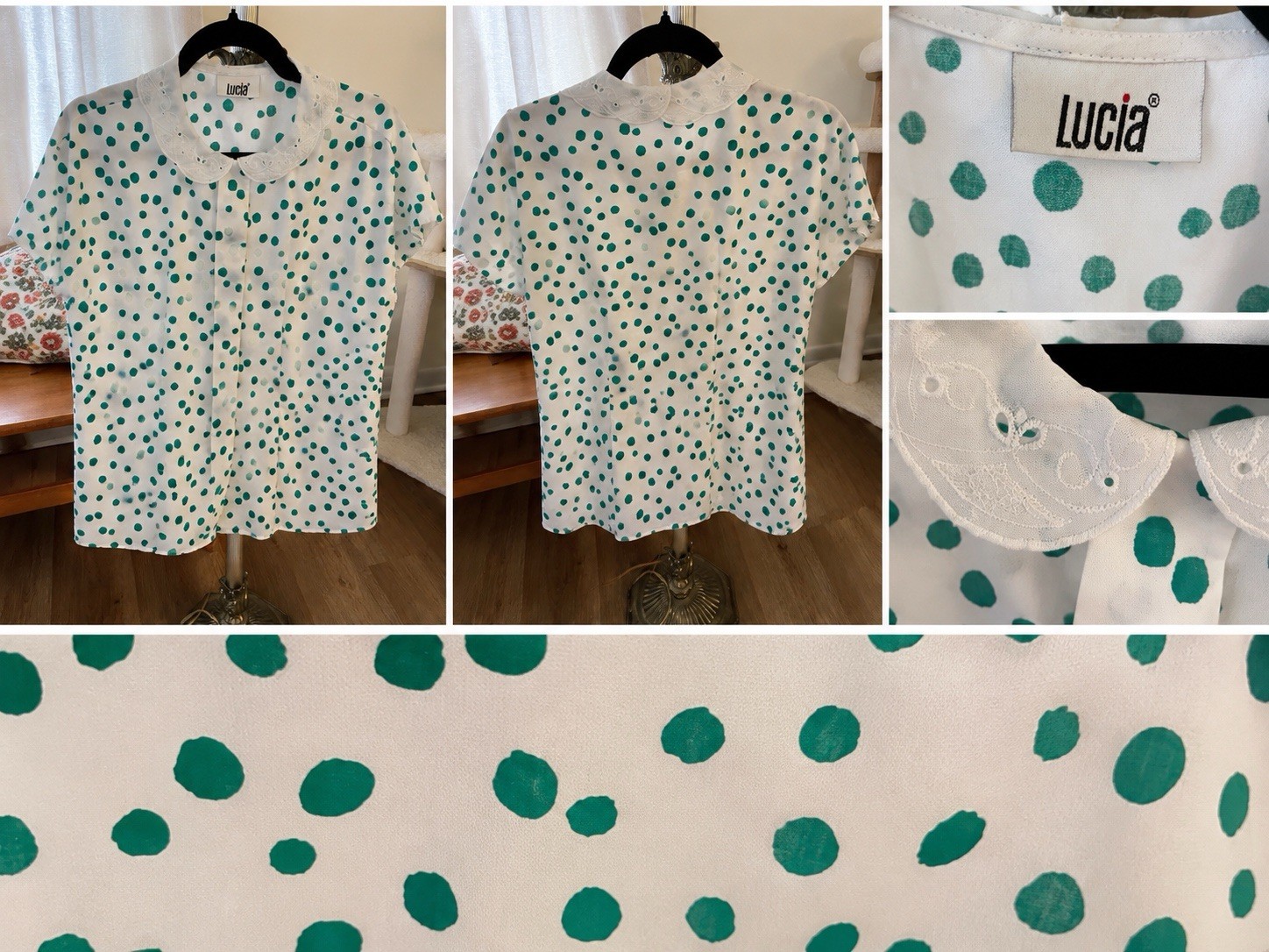 Vintage 80s Lucia Polka Dot Blouse White Green Lace Peter Pan Collar Boho S M