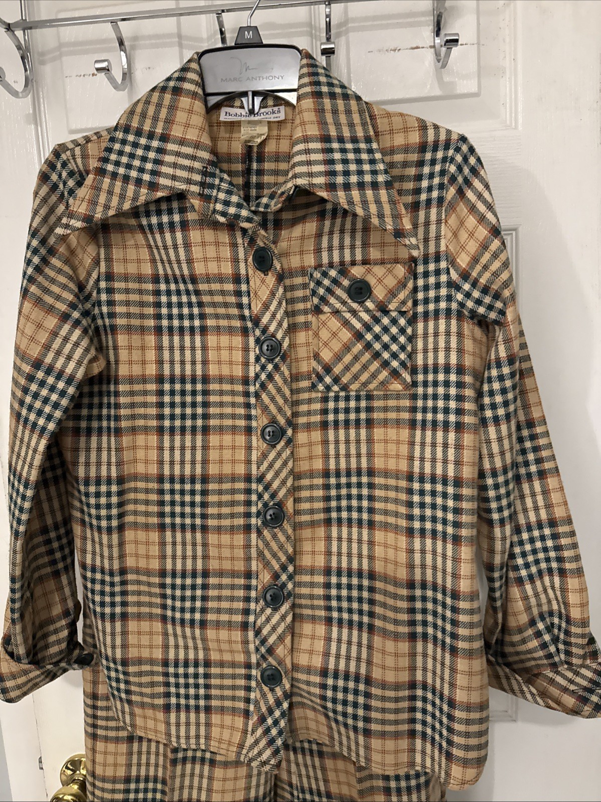 60s 70s Mod Bobbie Brooks Windowpane Plaid 2pc Pant Suit Black Tan Sz Tall