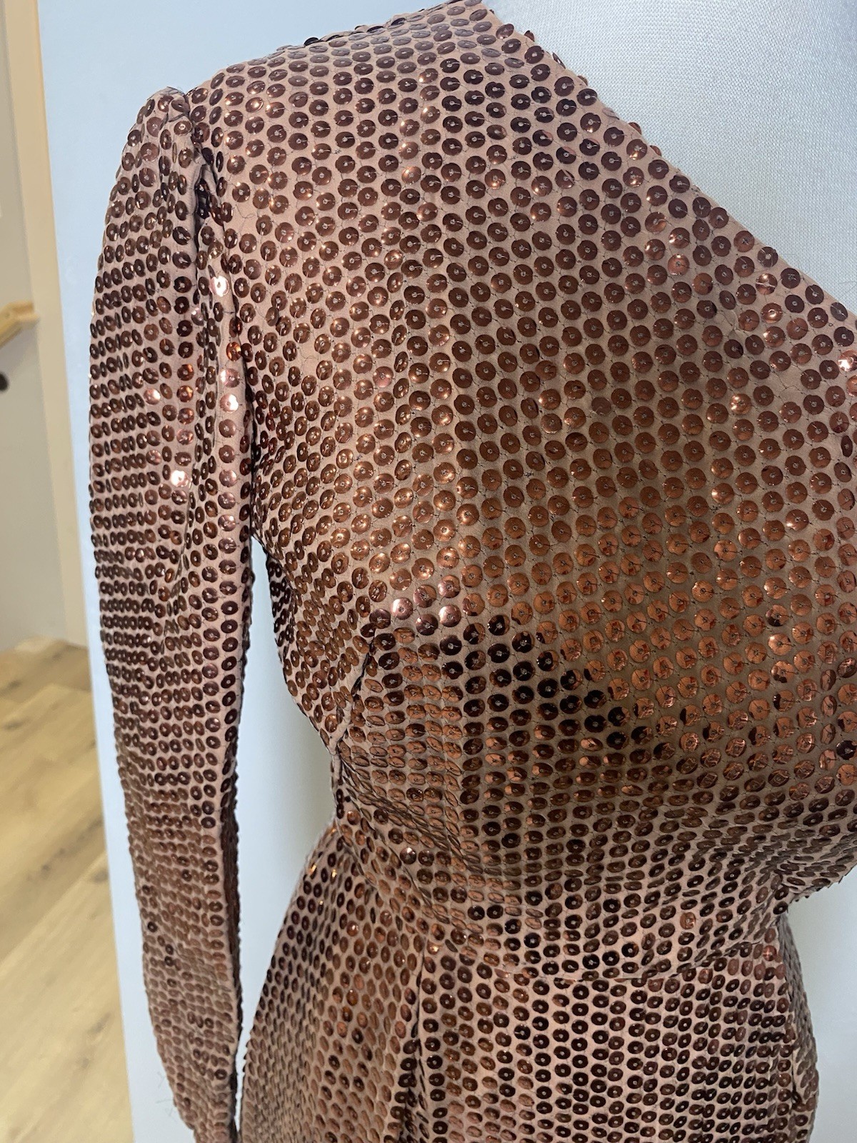 Vintage 1960’s Mike Benet Formals Copper Sequined One Shoulder Gown XS
