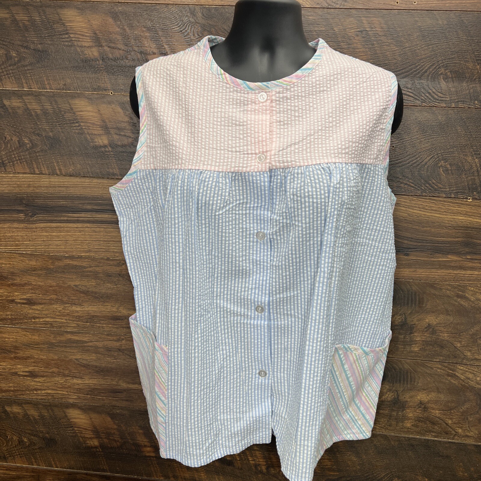 VGt Women Smock Shirt Large Utility House Sleeveless Granny Seersucker USA New