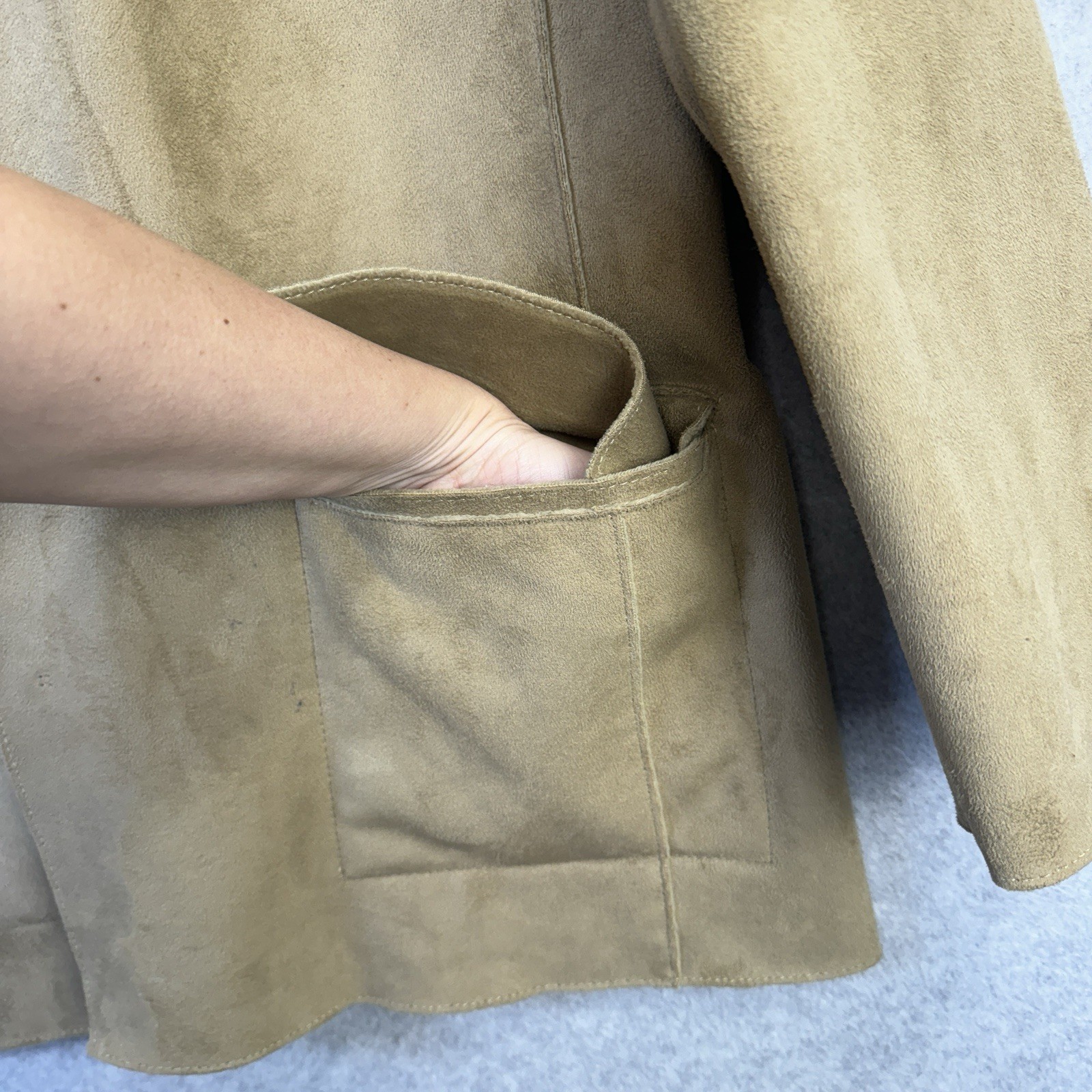 VTG Harve Benard Faux Suede Long Jacket Tan Brown Size 4 Western Open Front